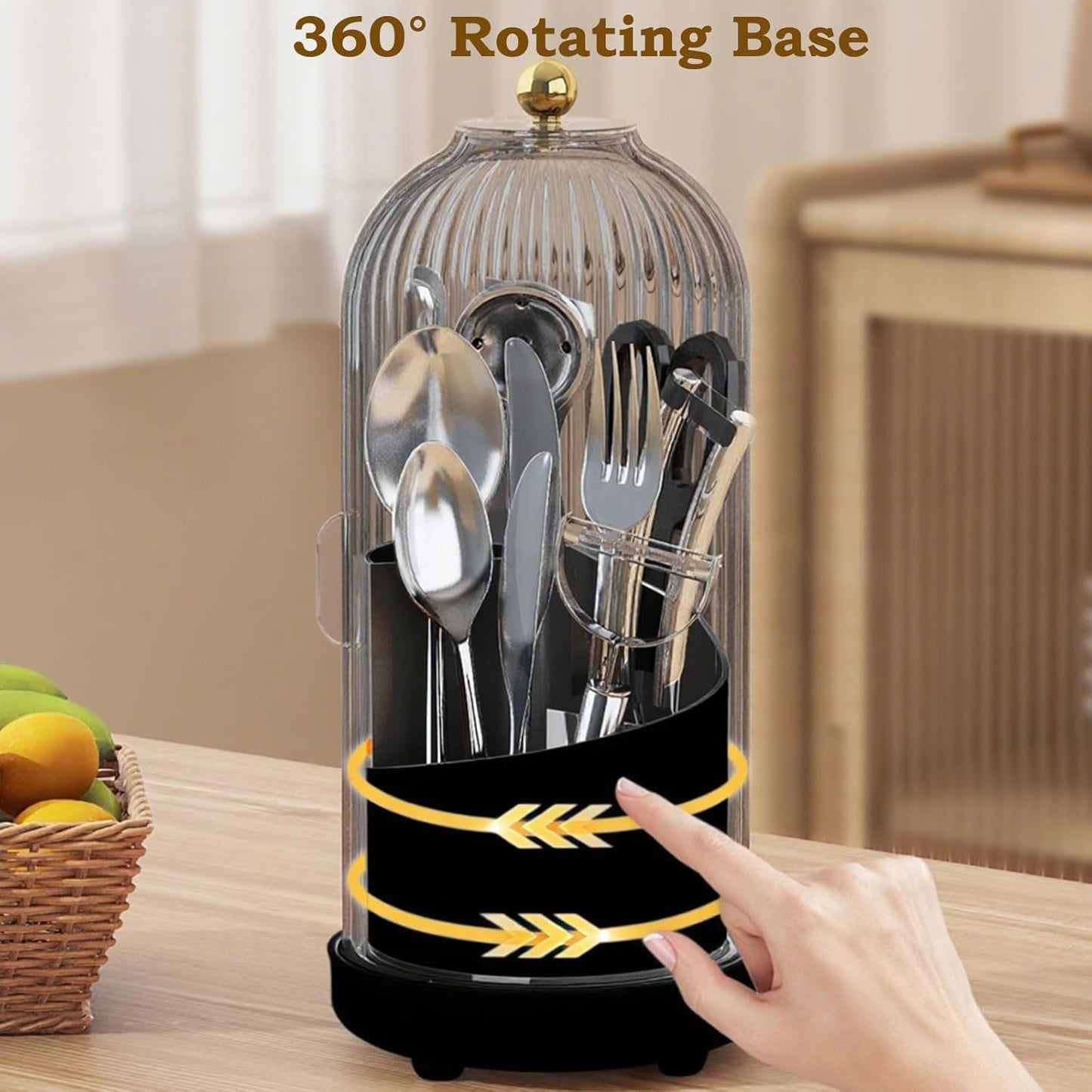 JEESA Utensil Holder with Lid, 360° Rotating Flatware Organizer for Cutlery Spoon Fork(H Less 8"), Silverware Caddy Organizer Drainage Dustproof Flatware Holder Kitchen Countertop Storage, Black