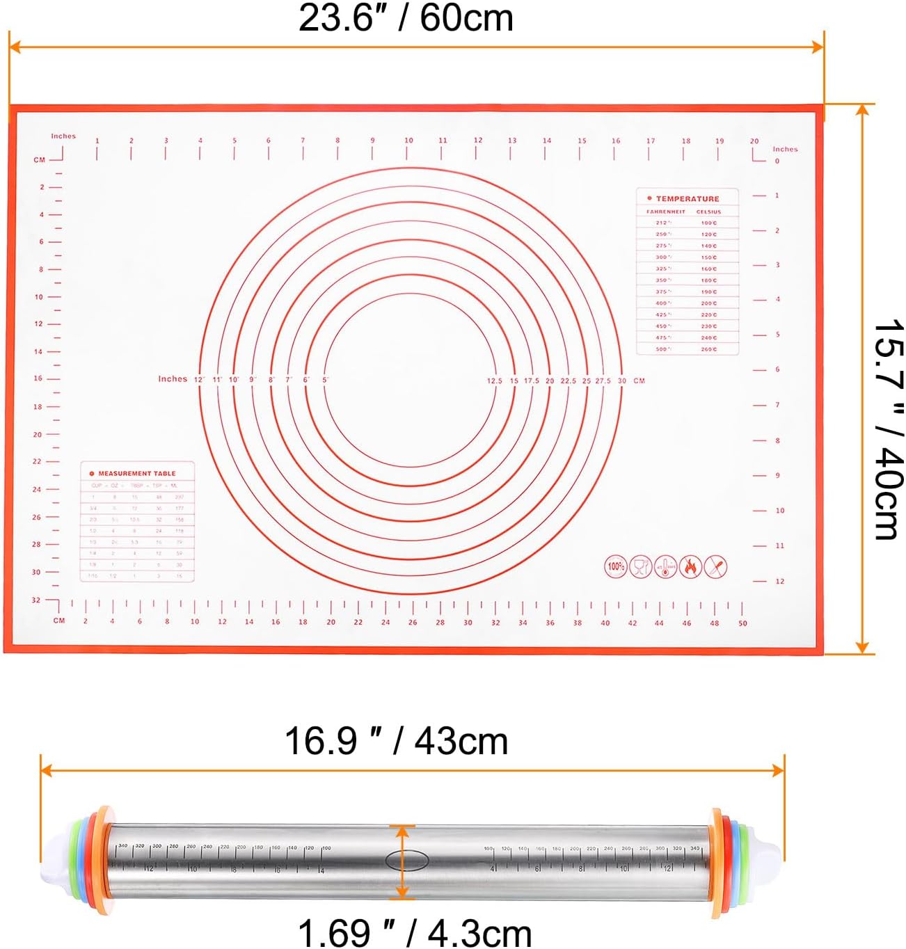 HARFINGTON 2pcs Rolling Pin 16.9 Inch x 1.69 Inch Non-Stick with Silicone Baking Pastry Mat Adjustable Guide Rings Roller Dough Roller Kitchen Decorating Tools for Cookie Pastry Pizza Clay