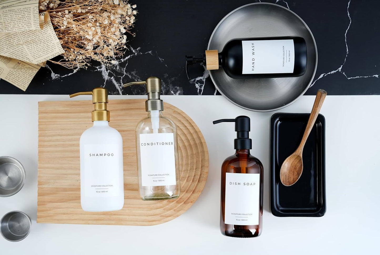 Emerson Essentials Glass Soap Bottle Dispensers, 2 Pack, Stainless-Steel Pumps Rust-Free, Hand Set for Bathroom Kitchen Sink, Liquid Lotion Shampoo Jars with 4 Waterproof Labels, 16 Oz Frost/Black