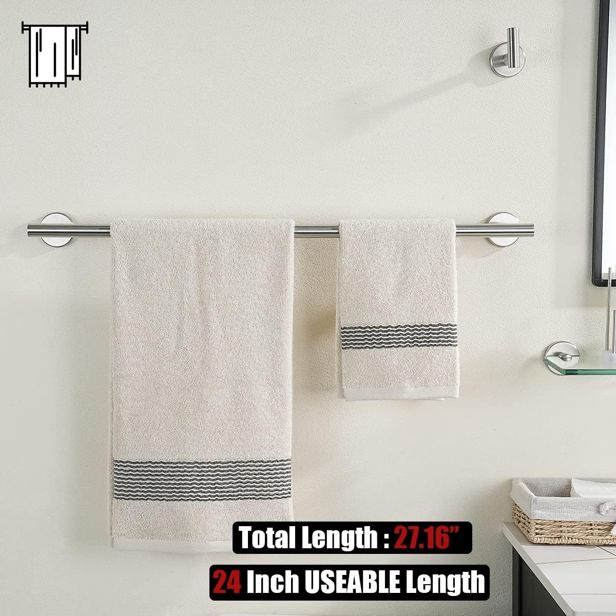 JQK Bath Towel Bar, 27 Inch 304 Stainless Steel Thicken 0.8mm Towel Rack Bathroom, Towel Holder Brushed Finished Wall Mount, Useable Length 24 Inch, TB110L24-BN