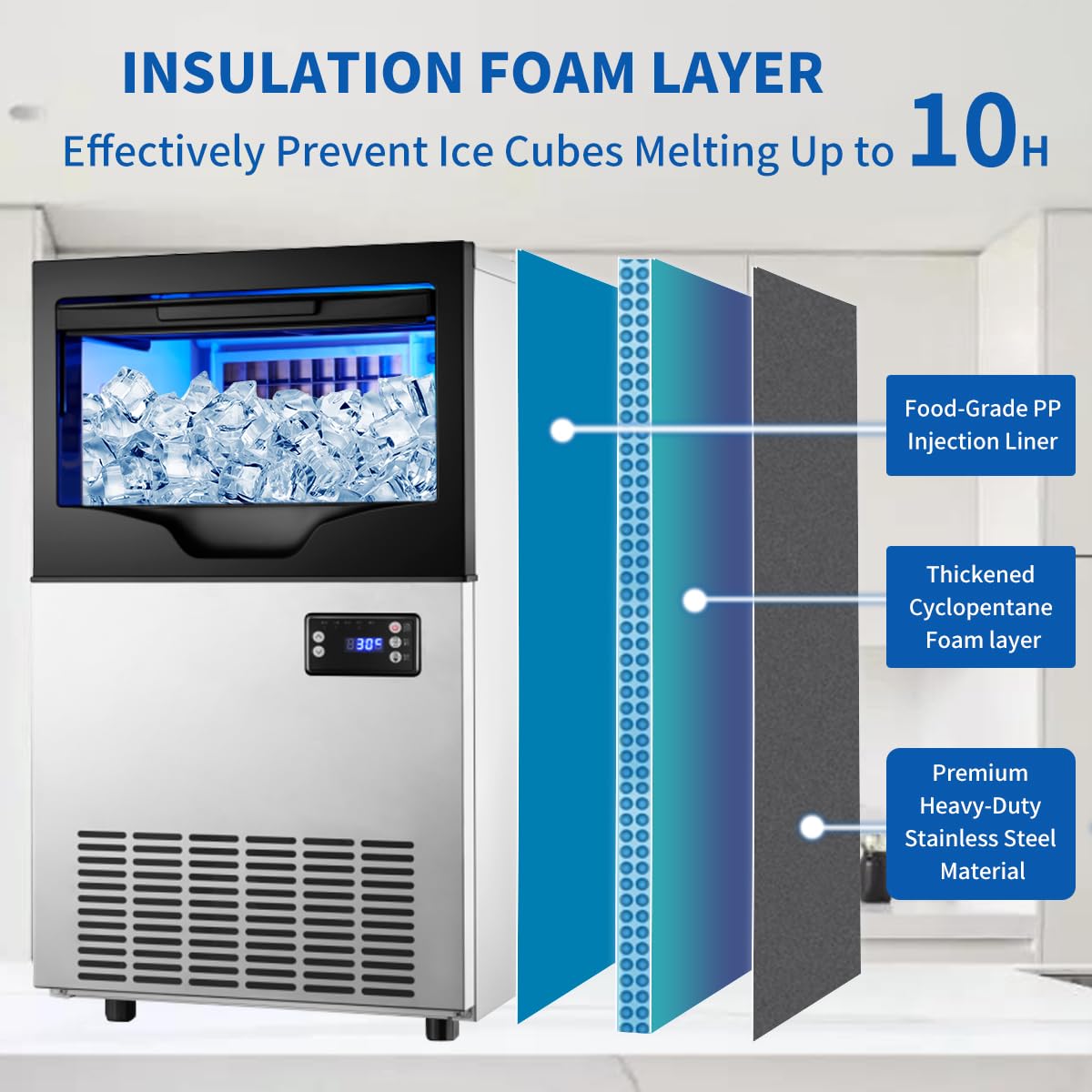 Commercial Ice Maker Machine, 110lbs/24H Stainless Steel Under Counter ice Machine with 22lbs Ice Storage Capacity, 6 Levels of Ice Thickness Adjustment, Ice Ready in 5-15 min