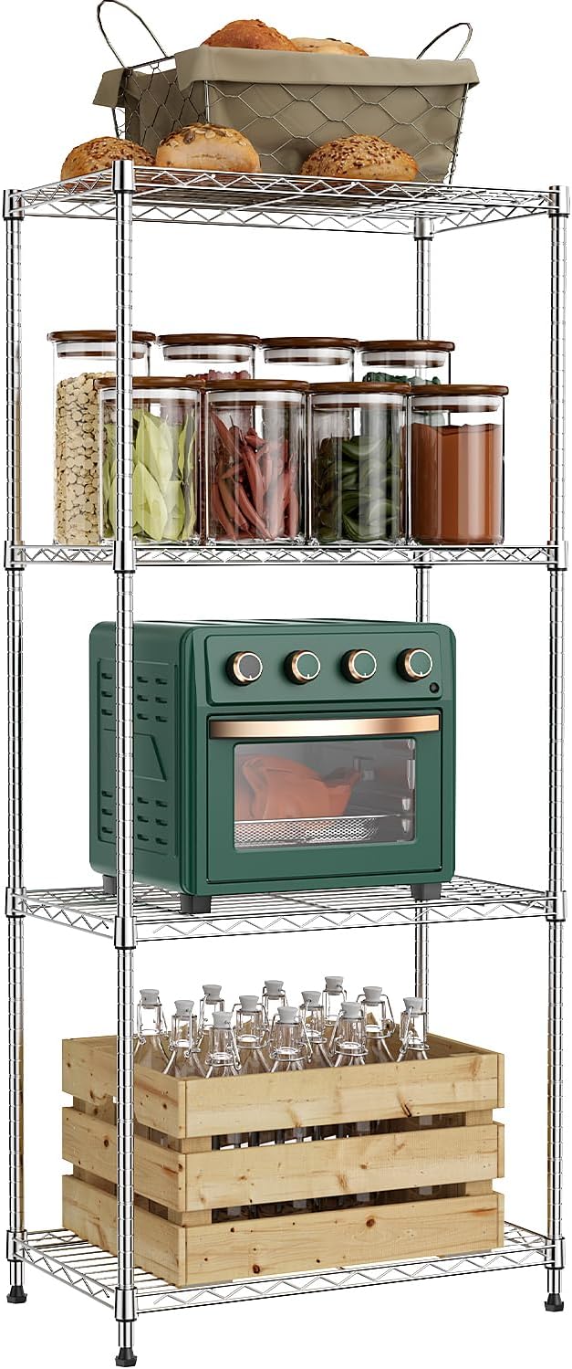1000 lbs 4Tier Shelf Metal Storage Shelves Wire Rack Closet Organizers with Wheel for Garage Kitchen Bathroom Laundry Chrome 13.7" D x 23.6" W x 53.4" H