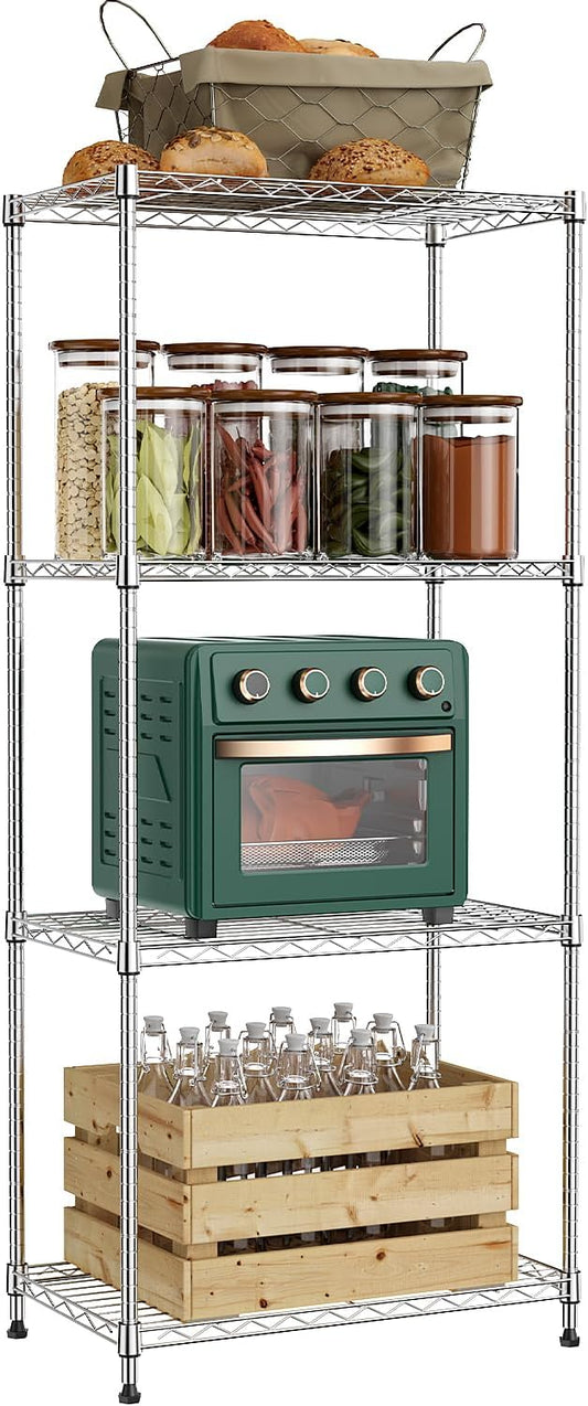 1000 lbs 4Tier Shelf Metal Storage Shelves Wire Rack Closet Organizers with Wheel for Garage Kitchen Bathroom Laundry Chrome 13.7" D x 23.6" W x 53.4" H