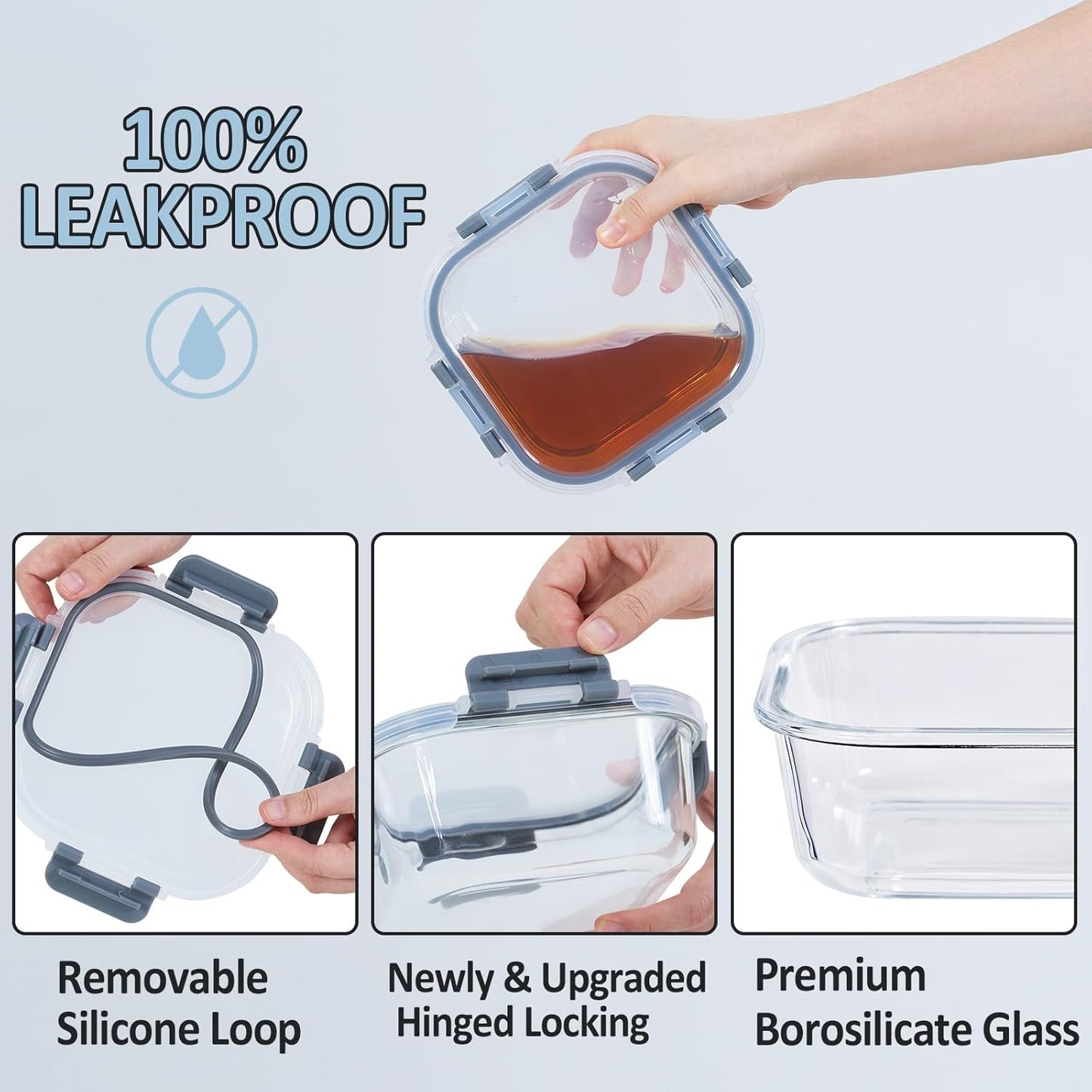 Glass Food Storage Containers with Lids Upgraded Airtight, 4 Pack Glass Storage Containers with Lids, Not Easy Broken & Leak Proof, Glass Containers with Lids for Oven/Dishwasher Safe, Grey