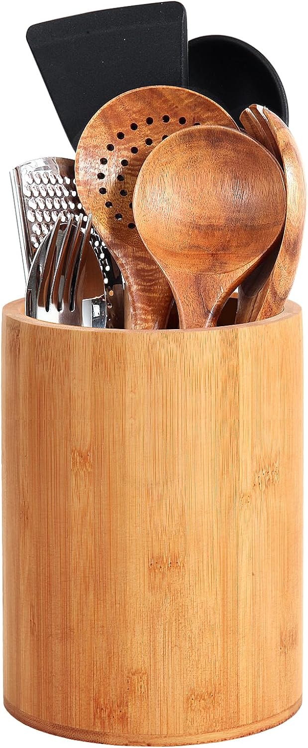 Bamboo Utensil Holder, Large Utensil Holders for Kitchen Counter, Bamboo Spoon and Chopstick Holder for Kitchen Decor, Flatware and Spatula Storage Organizer, for Countertop, Pantry and Bathroom