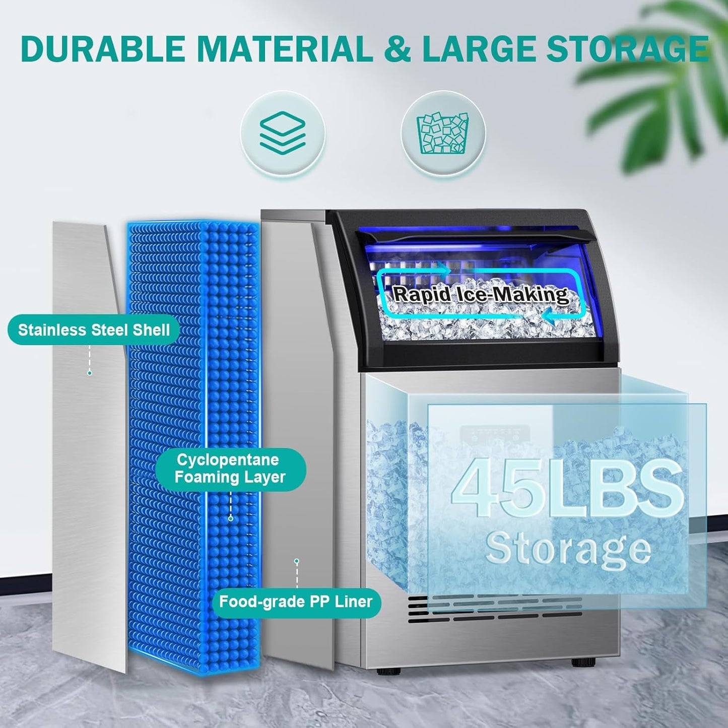 Commercial Ice Maker Machine, 150lbs/24H with 45Lbs Storage Bin, 55Pcs Ice Cubes 8Mins, Tap Add Water Freestanding Ice Maker Commercial for Home Bar Office