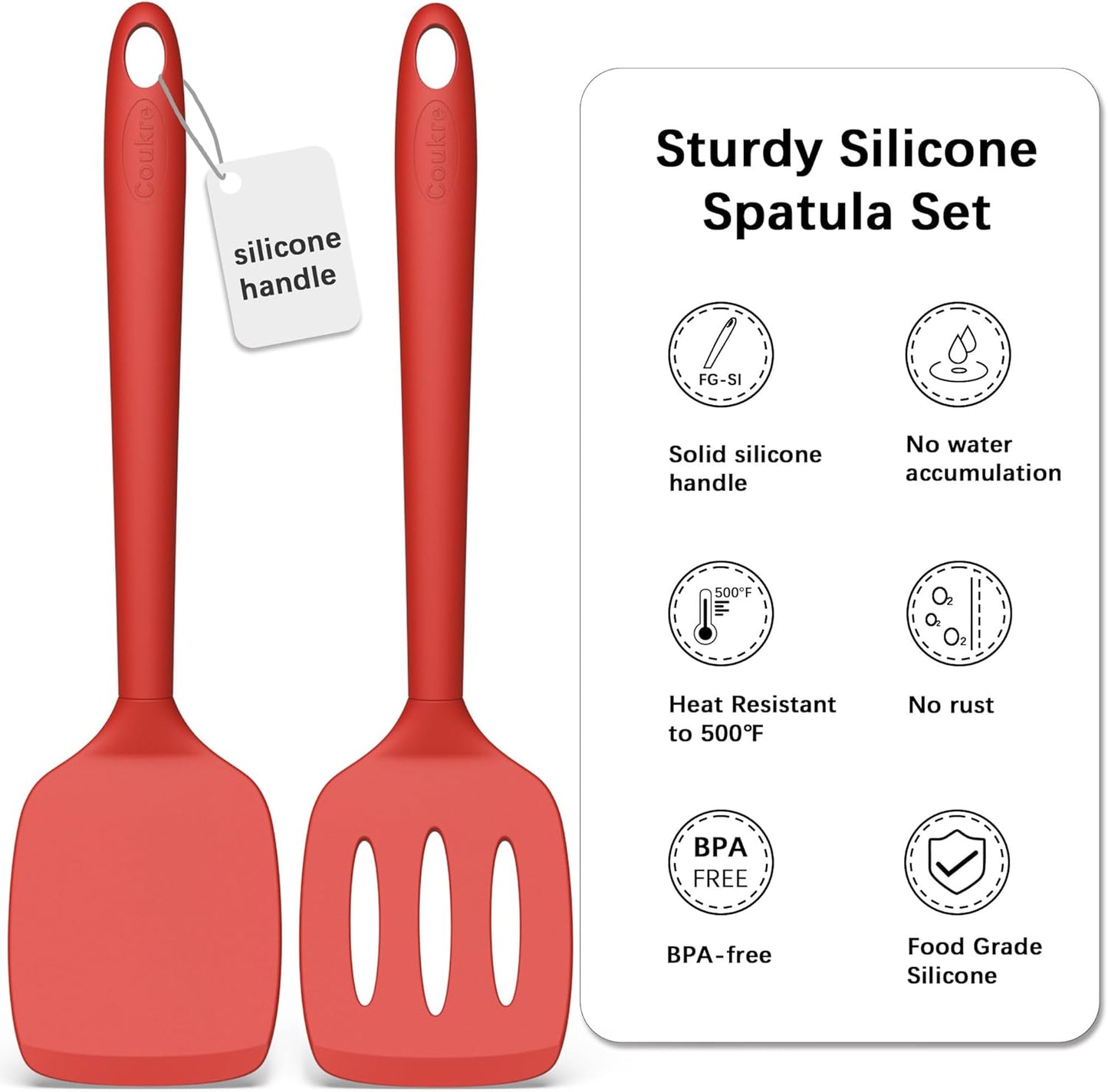 Coukre 2 Pack Silicone Spatula Set, High Heat Resistant, BPA Free Kitchen Spatula, Solid & Slotted Turner for Non-Stick Pans, Sautéing, and Flipping (2, PureRed)