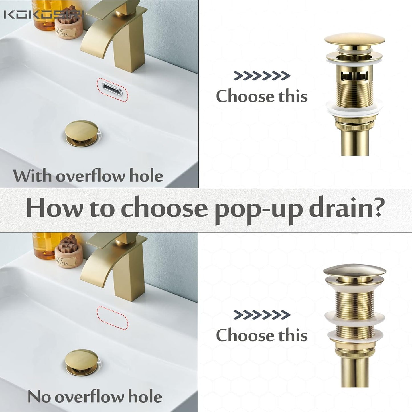 KOKOSIRI Pop Up Sink Drain with Strainer Basket, Brushed Gold Bathroom Sink Drain with Detachable Hair Catcher Anti Clogging for Vanity Vessel Sink Without Overflow, C1002BG