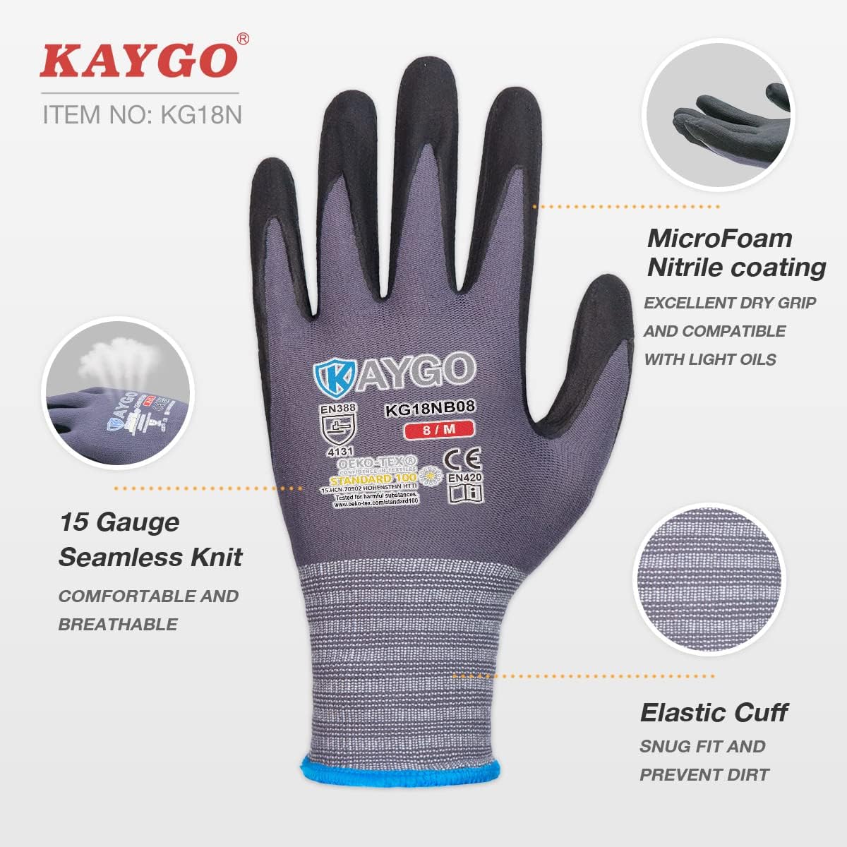 KAYGO Safety Work Gloves MicroFoam Nitrile Coated, 3 Pairs KG18NB,Seamless Knit Nylon Glove for Men and Women, Ideal for Automotive,Warehouse,Construction (X-Large,Gray)