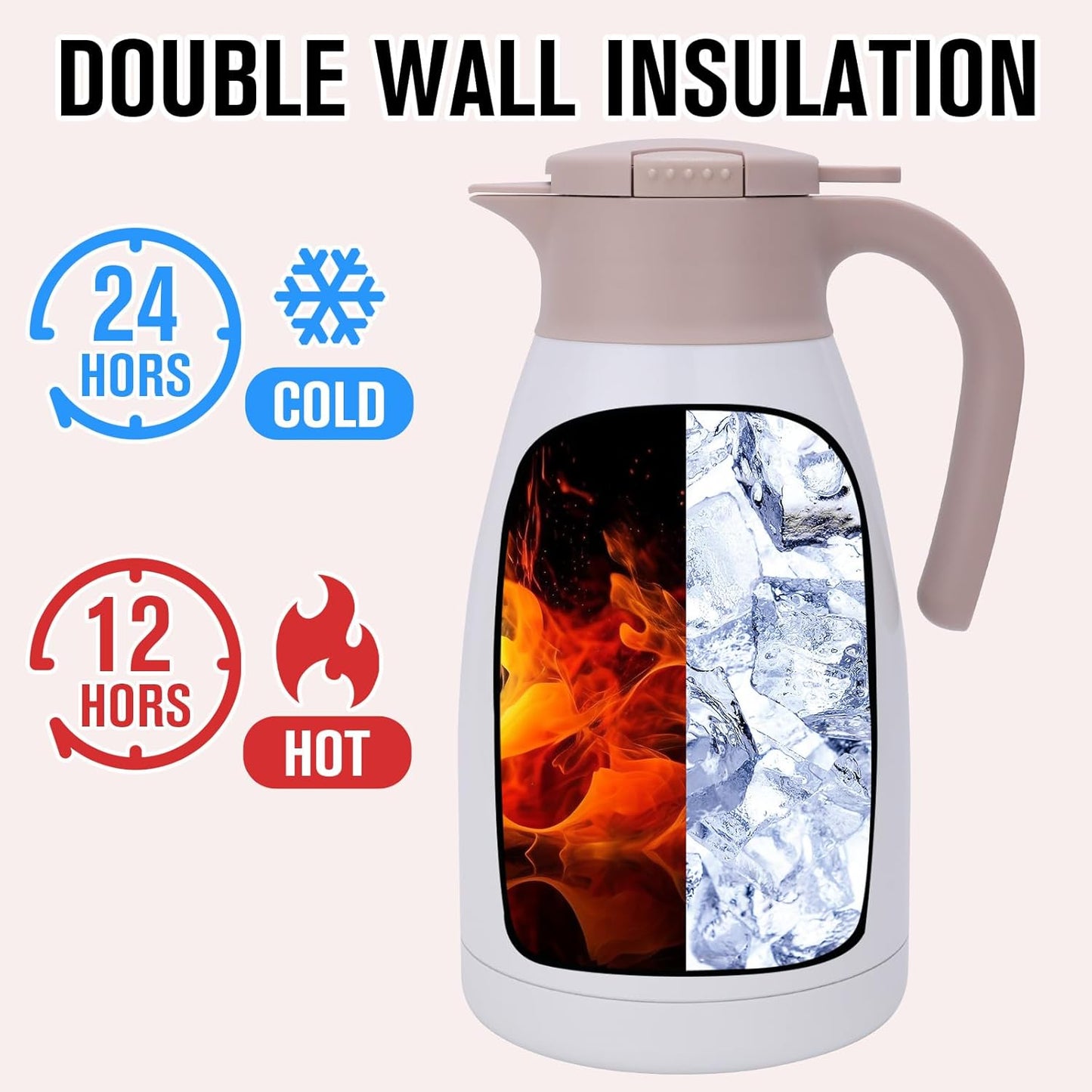 GiNT 2.2L / 74Oz Thermal Coffee Carafe, Insulated Stainless Steel Coffee Carafes for Keeping Hot/Double Walled Vacuum Thermal Carafe (White)