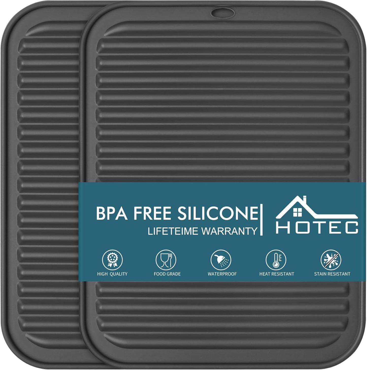 HOTEC BPA Free Silicone Trivets for Hot pots and Pans, 446℉ Heat Resistant for Kitchen Counter Dish Drying Mat, Set of 2 Dark Grey
