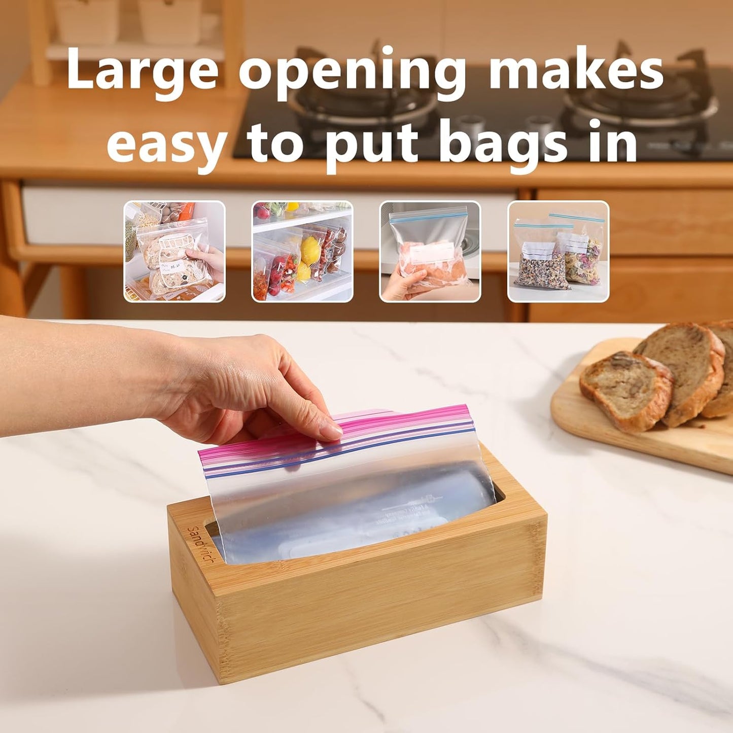 Bamboo Plastic Bag Storage Organizer for Kitchen Drawer, 4 Separate Baggie Organizer, Suitable for Gallon, Quart, Sandwich & Snack Variety Size Bag