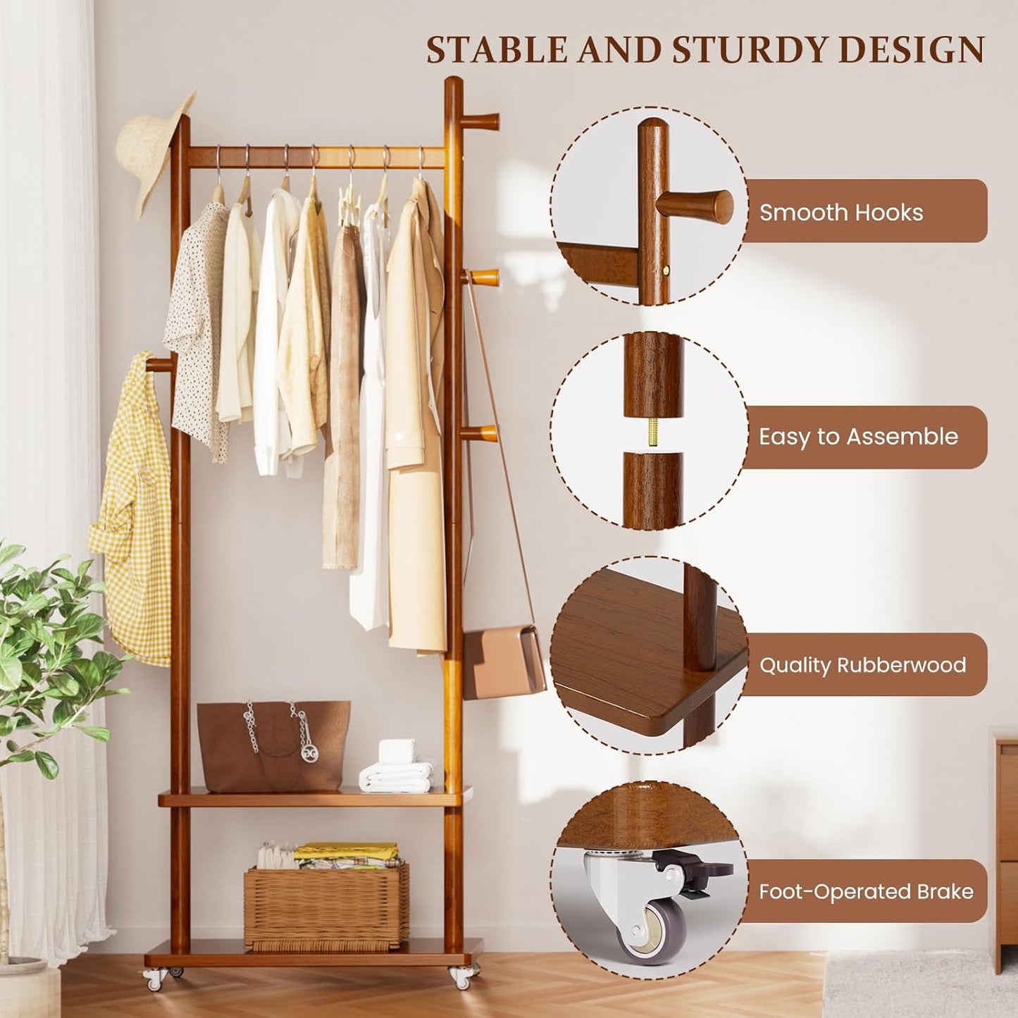 Coat Rack Freestanding Clothing Rack with Wheels & 2 Shelves Storage & 5 Hooks Heavy Duty Clothes Rack Wood Coat Tree Stand Hat Hanger Rack for Corner Bedroom Entryway Living Room Hotel Size L