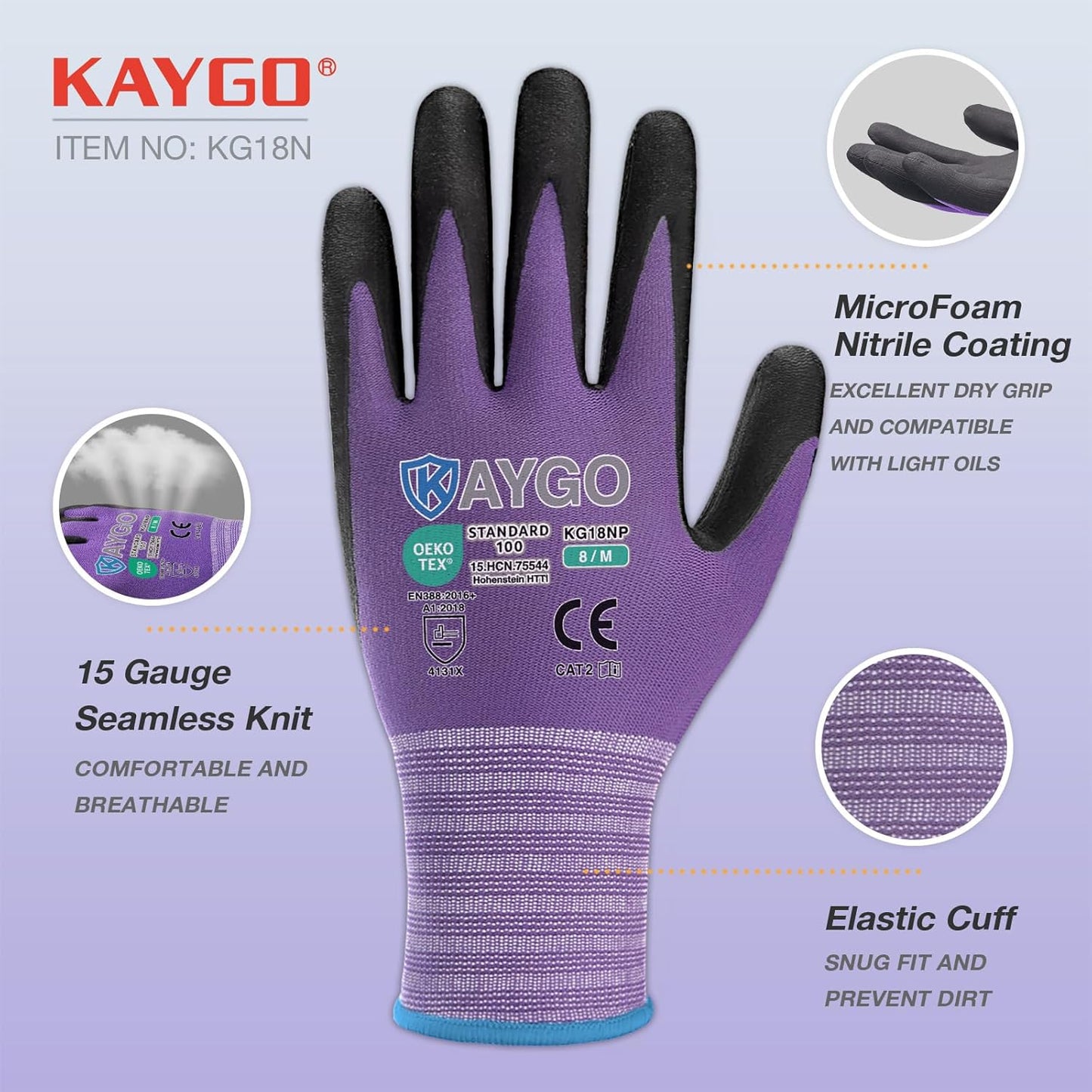 KAYGO Safety Work Gloves MicroFoam Nitrile Coated, 3 Pairs KG18NB,Seamless Knit Nylon Glove for Men and Women, Ideal for Automotive,Warehouse,Construction (S,Purple)