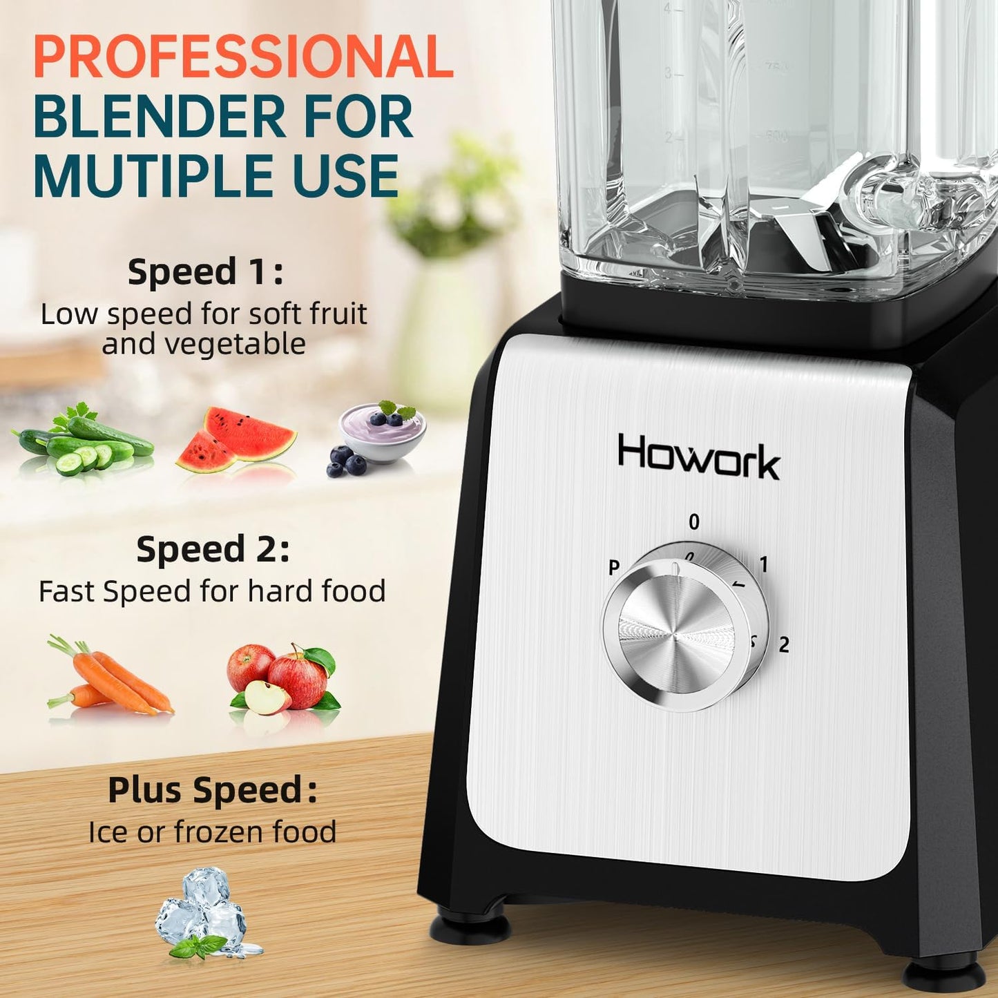 HOWORK Blender for Smoothies, 750W Personal Blender, 56 Oz Glass Jar, 16oz Portable Cups,2+p speed, 3 Functions for Smoothies, Frozen Drinks & Ice Cream,Black