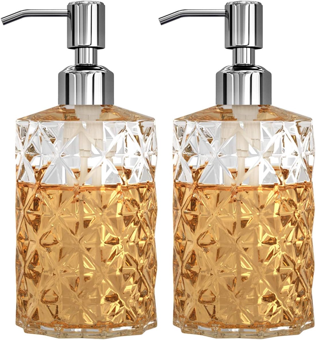 GLADPURE Soap Dispenser - 2 Pack, 12 Oz Clear Diamond Design Glass Refillable Hand Soap Dispensers; with 304 Rust Proof Stainless Steel Pump, Lotion Dispensers for Kitchen, Bathroom