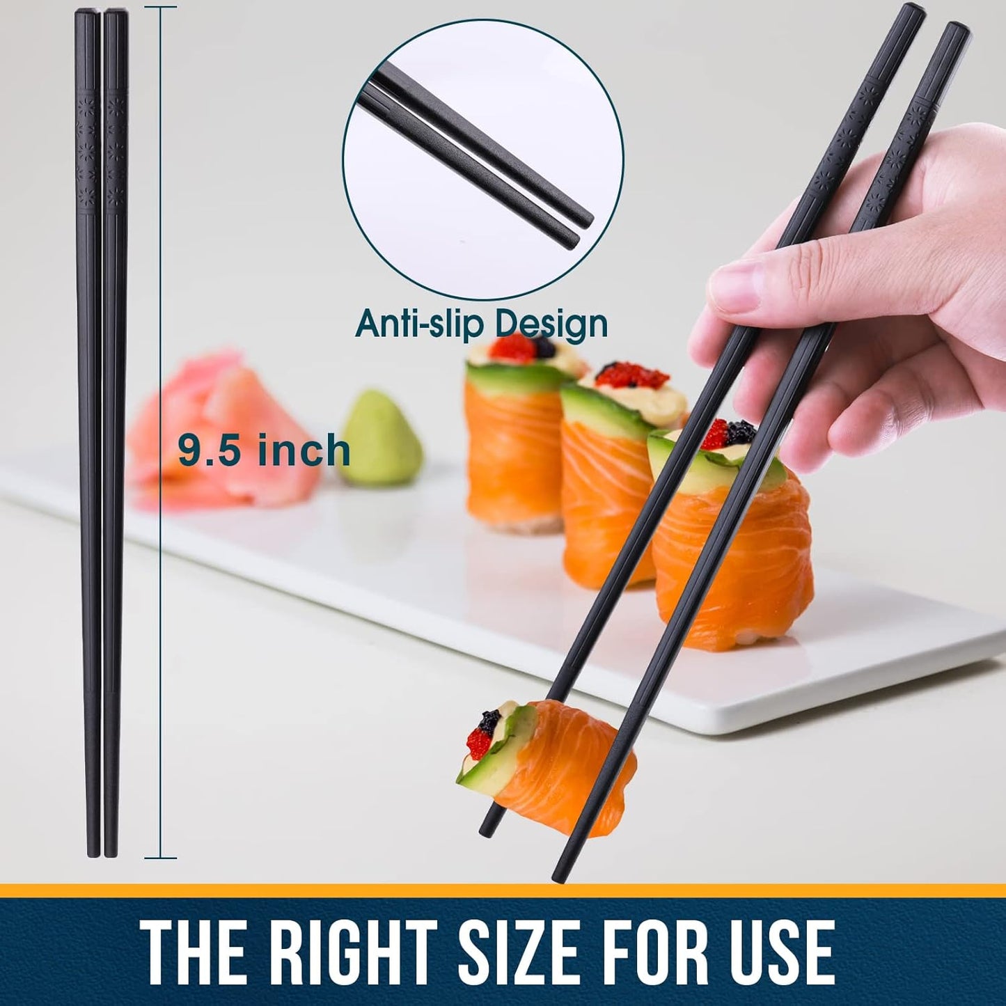 Chopsticks, GLAMFIELDS 5 Pairs Premium Black Chopsticks Reusable for Sushi Japanese Matte Anti-slip Chop Sticks with Gift Case Lightweight Dishwasher Safe, 9 1/2 Inches