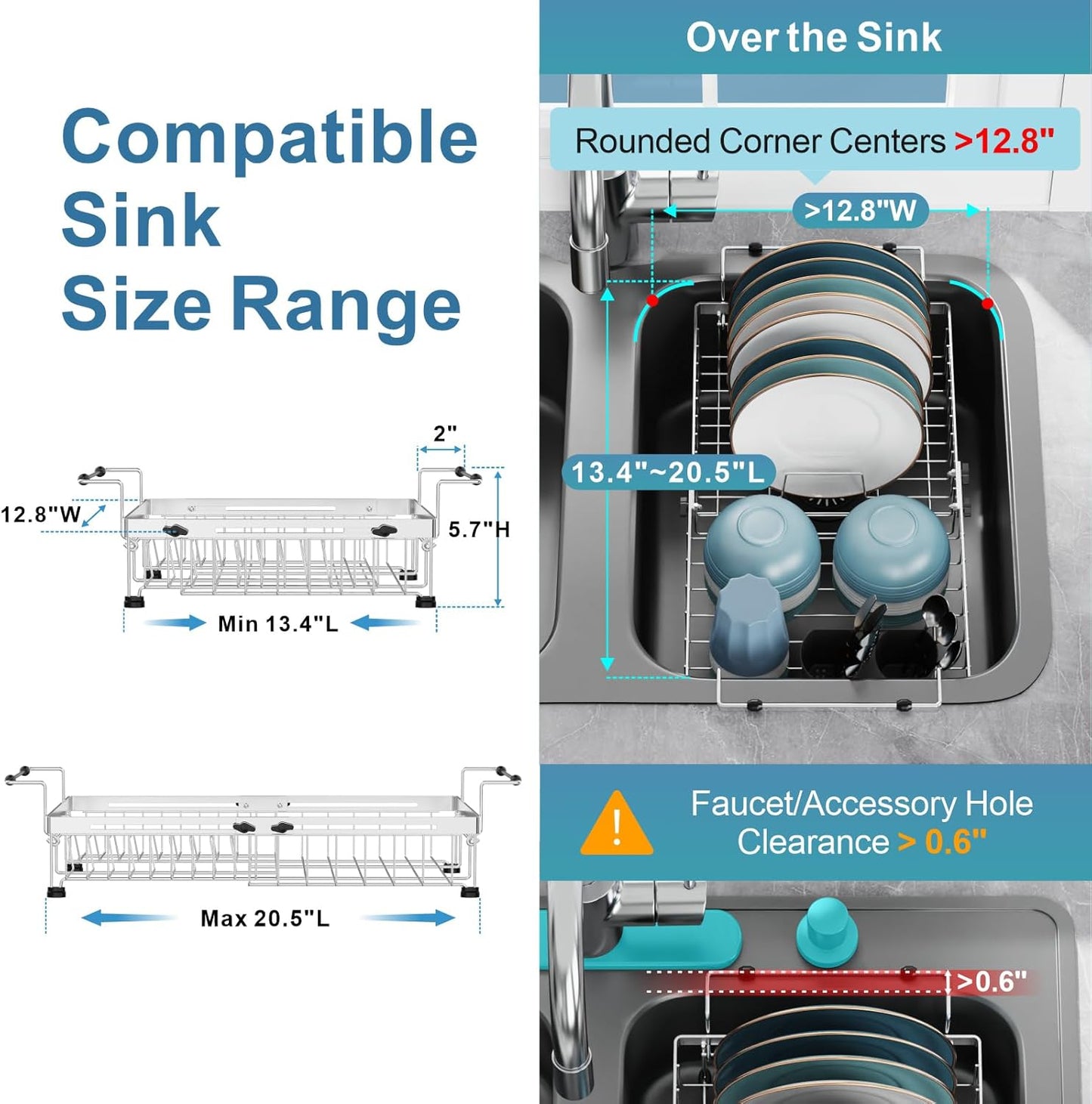 GSlife in Sink Dish Drying Rack - Large Stainless Steel Capacity Expandable Dish Drainer with Sink Protector, 13.4"~20.5'' L x 12.8'' W x 5.7'' H, Silver