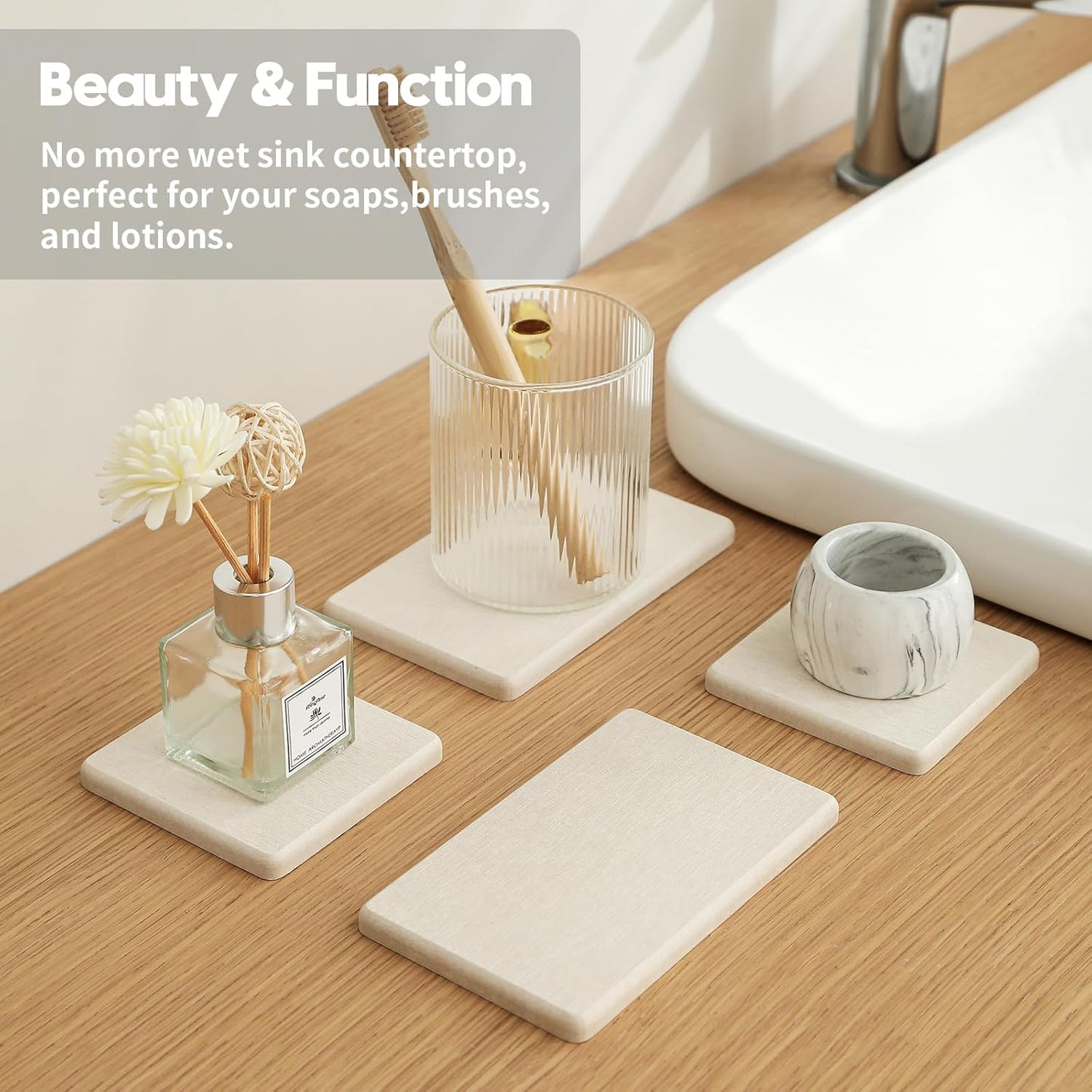 4PCS Bathroom Sink Vanity Trays, Diatomaceous Earth Quick Stone Drying Mat Kitchen Counter Dish Soap Dispenser Sponge Holder, Water Absorbing Caddy Organizer for Bottle & Cup, Beige