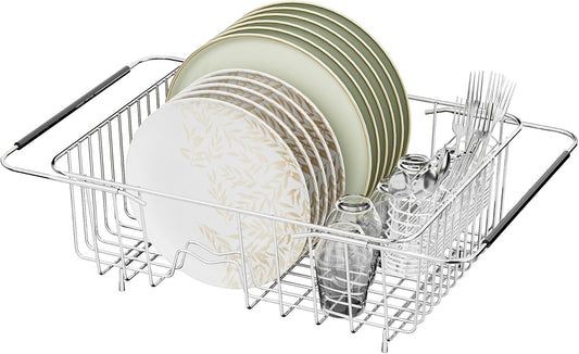 JAQ Dish Drying Rack in-Sink, 304 Stainless Steel Dish Drainer with Stainless Steel Silverware Holder Over Inside Sink-Adjustable 15.16" to 20.59" Maximium 13 Upright Dishes