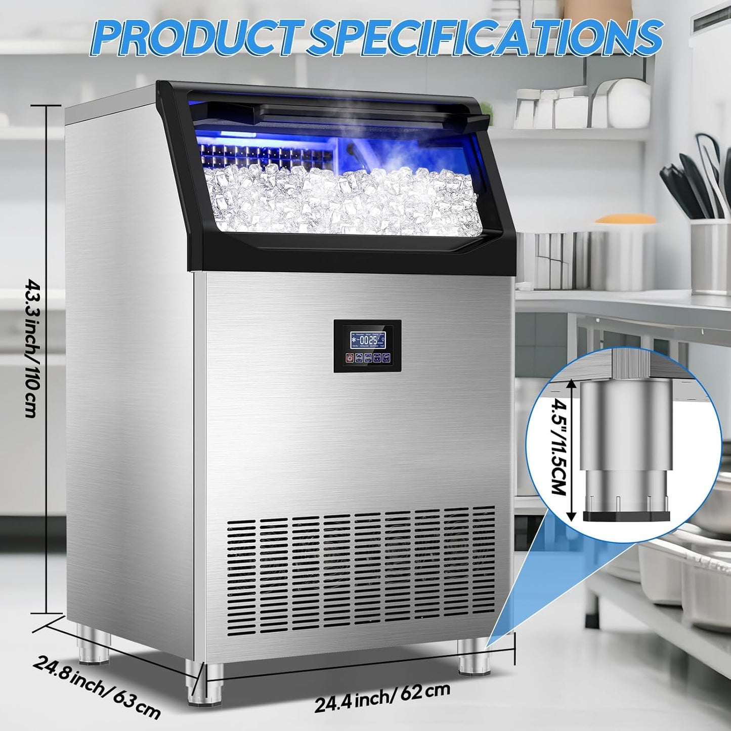 Commercial Ice Maker Machine 400LBS/24H with 125LBS Large Ice Storage Bin, 126Pcs Clear Ice Cubes in 11Mins, Stainless Steel Under Counter Industrial Ice Machine for Bar, Restaurant Business