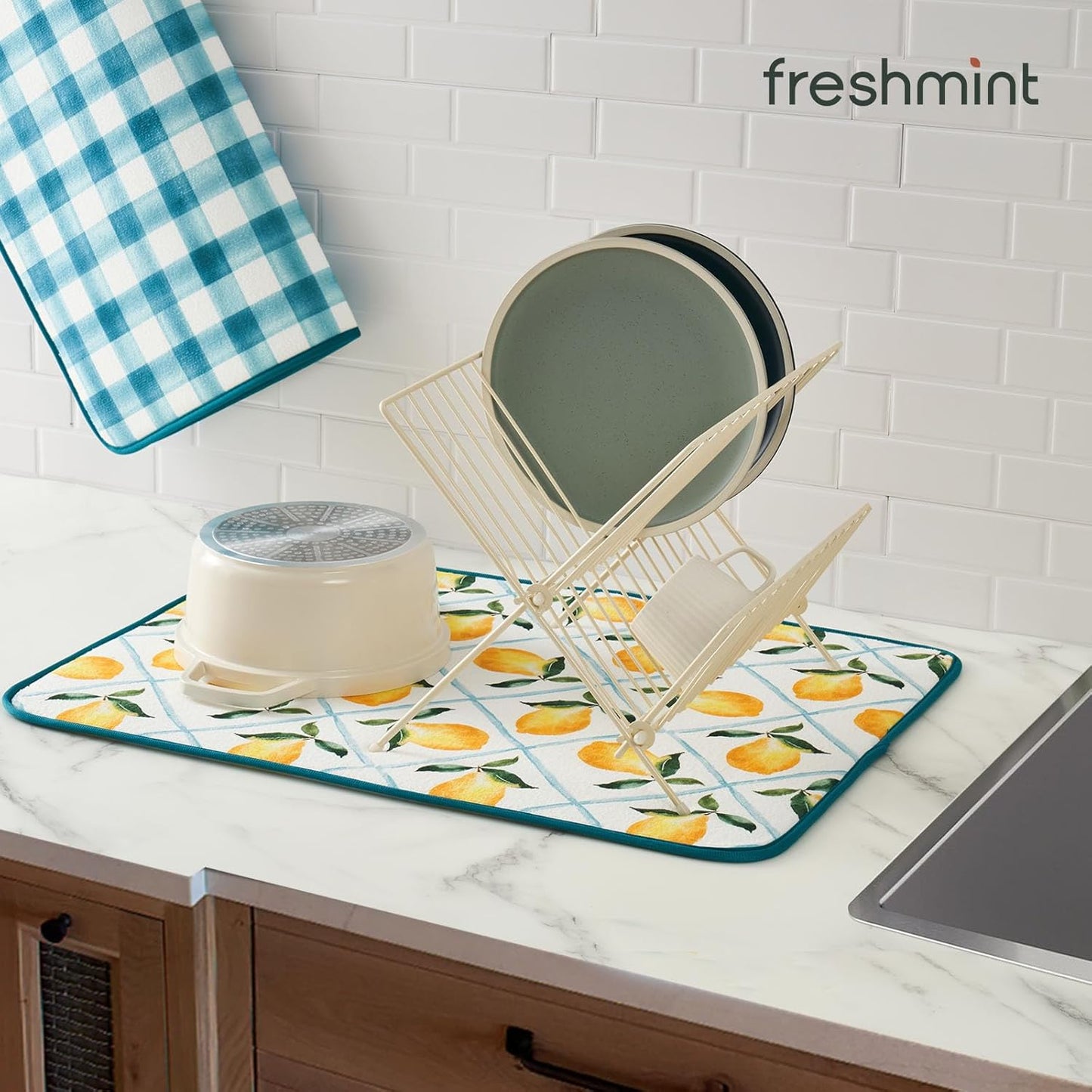 FRESHMINT Printed Dish Drying Mats for Kitchen Counter 2 Pack Absorbent Reversible Drying Mats Microfiber Kitchen Countertop Protector Dishes Drying Pad Extra Large 18"x24" Dish Mat