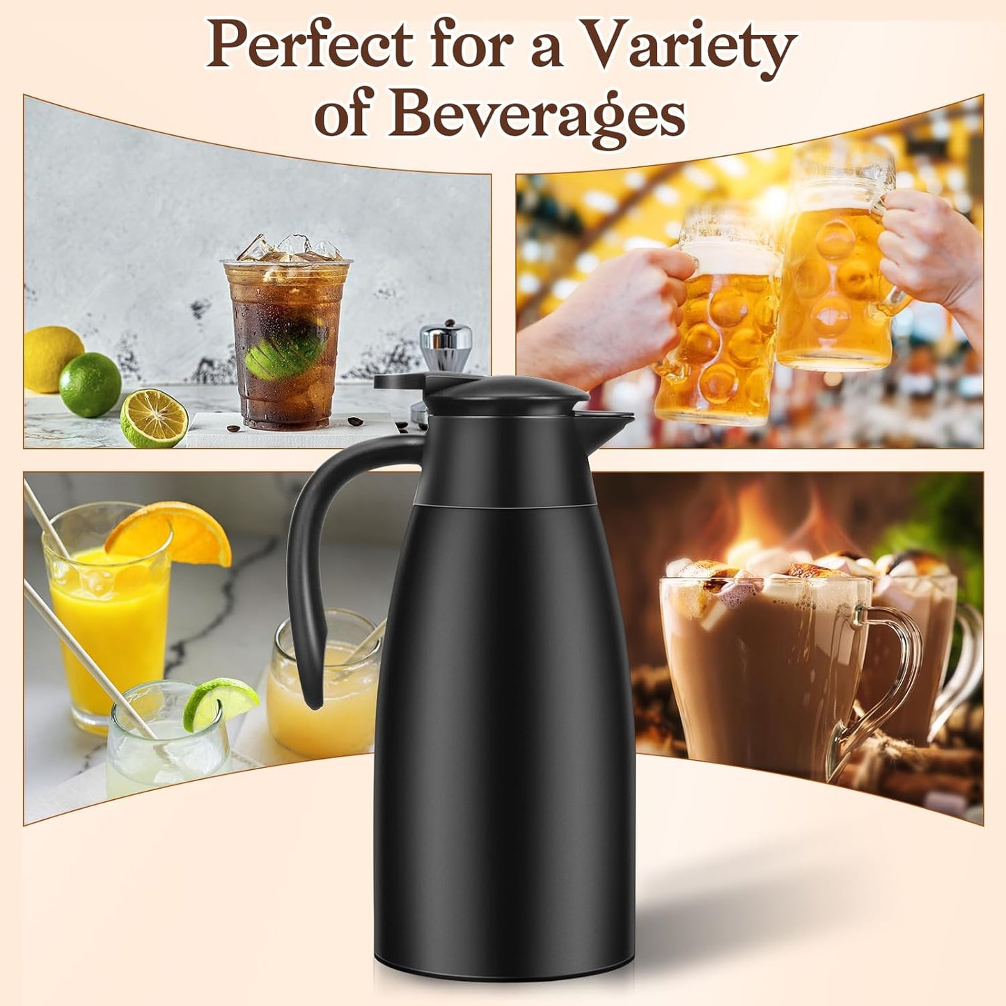 1 PCS 68 OZ Thermal Coffee Carafe, Insulated Stainless Steel Coffee Carafe Double Walled Vacuum Thermal Pot Flask with Brushes Thermos for Keeping Hot Coffee Tea Home and Office (Black)
