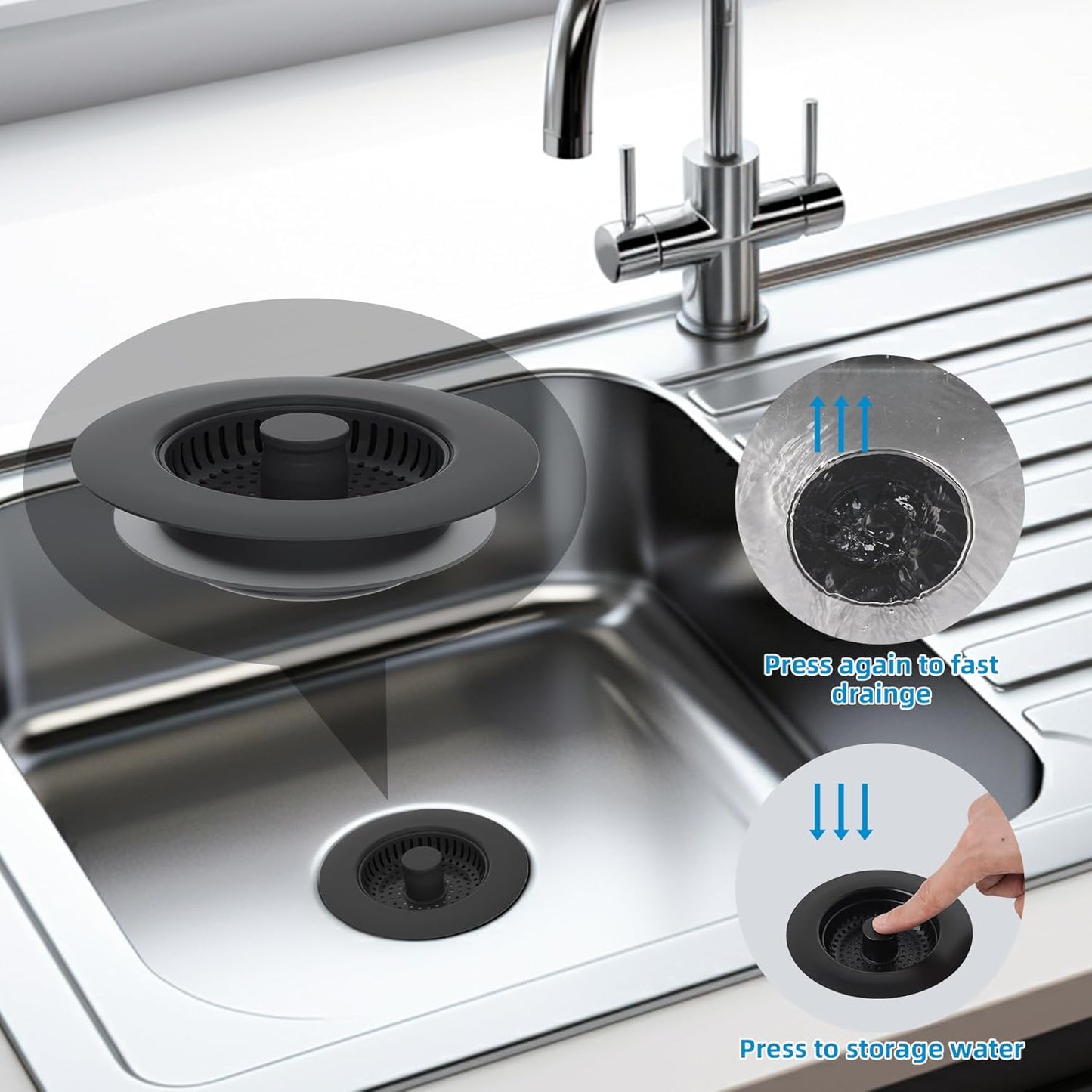 Hibbent All Metal Stainless Steel 3 in 1 Kitchen Sink Drain Strainer, Upgraded Sink Stop Combo, 3 Anti-Clogging Stainless Steel Baskets Strainer with Metal Handle for US Standard 3-1/2" Drain, Black