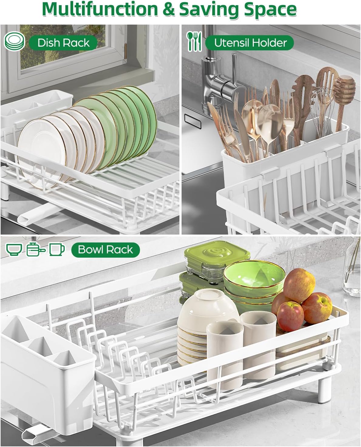 Dish Drying Rack, Stainless Steel Drainer Rack with Drainboard with Smart Drainage System, Space Saving Dish Strainer for Kitchen Counter with Cutlery Holder
