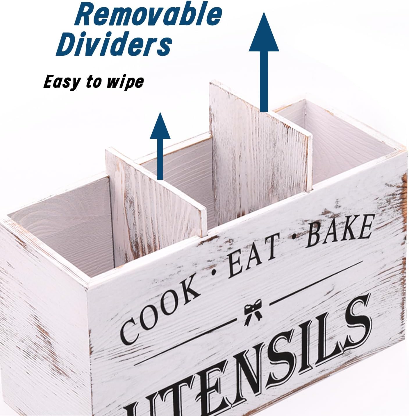 Kitchen Utensil Holder for Counter or Countertop, Extra Large Wood Organizer with 3 Compartments, Wooden Storage for Cooking and Silverware, Rustic Minimalist Decor, Sturdy Utensil Crock-White