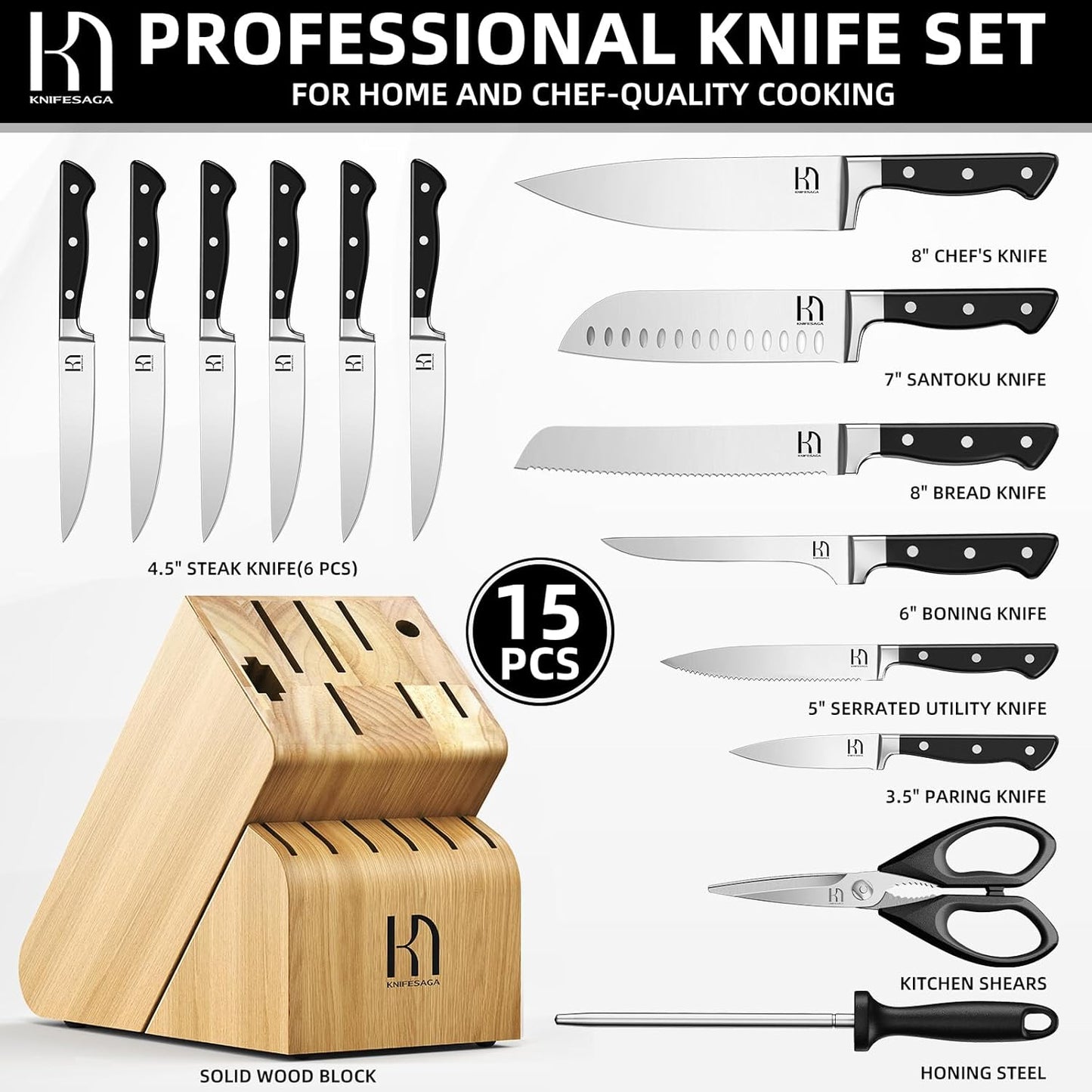 Knife Set, 15 Pcs Kitchen Knife Block Set, Enduring Razor-Sharp Japanese High Carbon Stainless Steel Chef Knife Set with Block and Sharpener, Premium Knives Set for Kitchen, Black Natural Wood