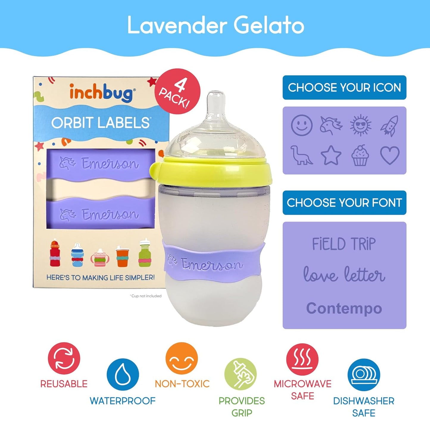 InchBug Orbit Labels - Baby Bottle Name Labels for Daycare, Sippy Cup Bands - Engraved Silicone, Reusable, Dishwasher Safe, Matching Color Personalization, 4-Pack (Lavender Gelato)