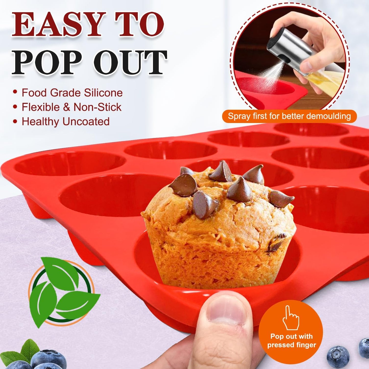 Walfos Silicone Muffin Pan - 12 Cups Regular Silicone Cupcake Pan, Non-stick Great for Making Muffin Cakes, Tart, Bread - BPA Free and Dishwasher Safe