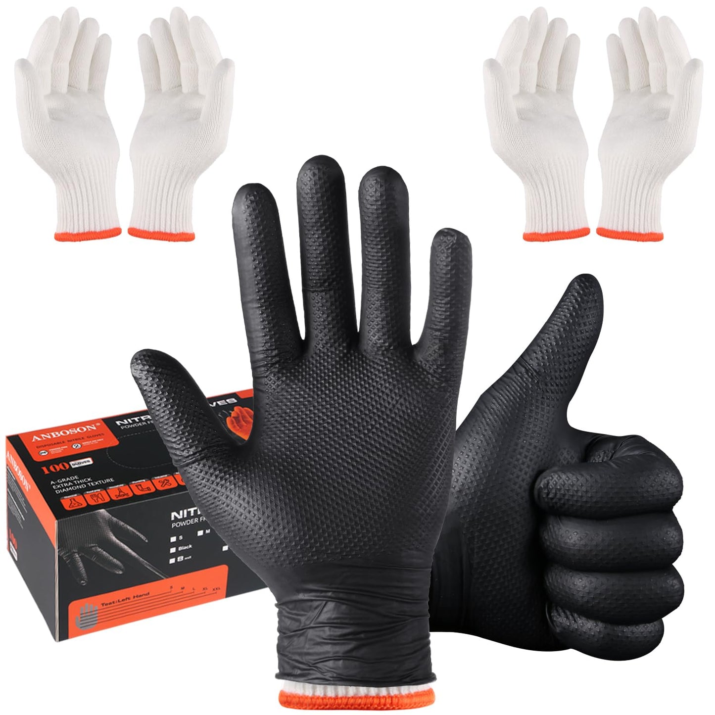 BBQ Gloves for Cooking Baking Grilling, 100 Count Disposable Nitrile Gloves and 4 Count Cotton Glove Liners Washable (10mil Nitrile, X-Large)