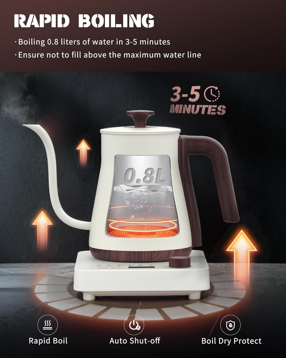 Electric Kettles, 1000W Gooseneck Electric Kettle with 6 Temperature Control Presets, 0.8L/27.05oz, 0.8mm Ultra-Fine Spout, 304 Stainless Steel Inner, Gooseneck Kettle with Auto Shut-Off, Matte White