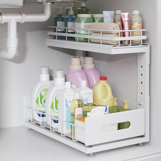 1 Pack Under Sink Organizer Upgrade To Professional Rails,2-Tier Dual Pull Out Cabinet Storage,Height Adjustable Slide Out Drawers For Bathroom Kitchen,Under Sink Shelf-White