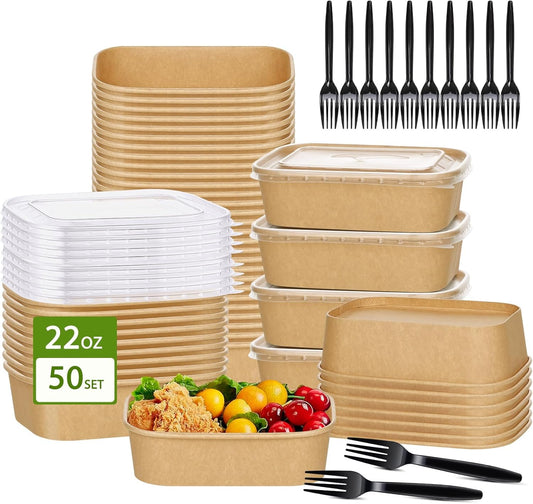 DI QIU REN 50-Pack 22oz Paper Bowls, Disposable Food Containers with Lids and Forks, Rectangular Disposable Salad Bowls for Diet Salad, Pasta (kraft Paper Rectangular, 22oz 50 Count)