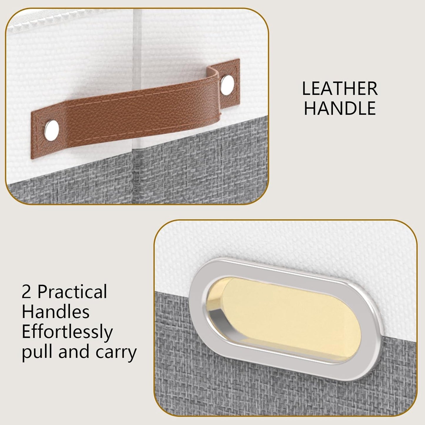 Yawinhe Fabric Storage Bins with Handles, Foldable Baskets for Shelves, Cubes with 3 Handles, Large Boxes for Clothes, White/Grey, 16.9''Lx11.8''Wx10.2''H, 4-Pack