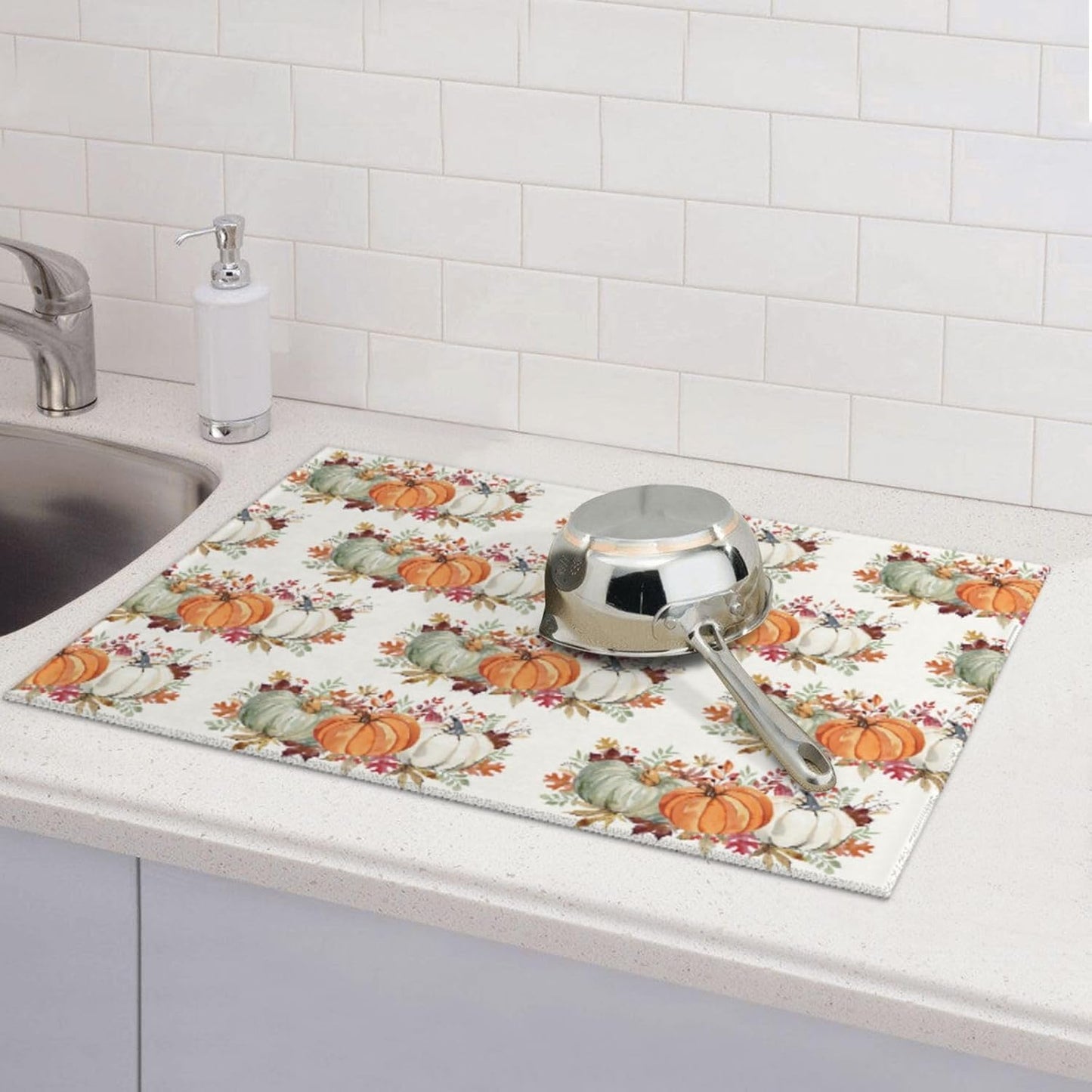 Fall Dish Drying Mat 18x24 for Kitchen Counter, Watercolor Pumpkin Leaf Decorative Absorbent Coffee Mat Dish Drying Pad Coffee Bar Dish Drainer Rack Mat Drainer Mat