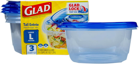 Glad GladWare Tall Entree Food Storage Containers - Large Square - Meal Container Holds up to 42 Ounces of Food - Lock Tight Seal, 3 Count
