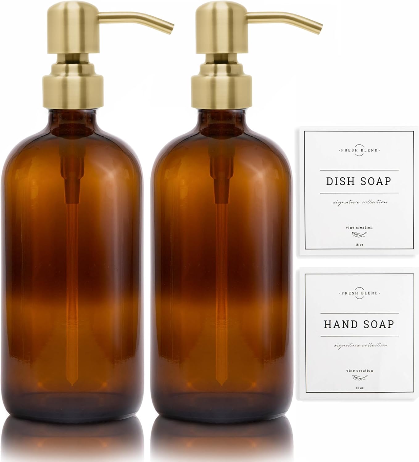 Vine Creations Amber Glass Soap Dispenser, 2 Pack Kitchen Soap Dispenser Set with Stainless Steel Pump, 16 oz Hand Soap and Dish Soap Dispensers for Kitchen or Bathroom with Waterproof Labels