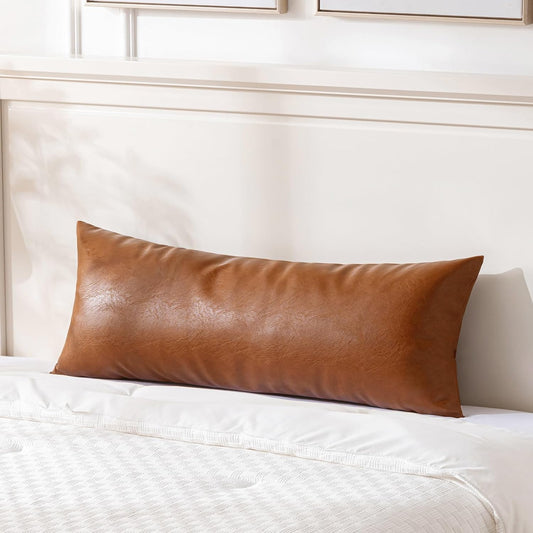 Fancy Homi Brown Boho Long Lumbar Faux Leather Body Decorative Throw Pillow Cover 12x40 Inch for Bedroom Couch Bed Bench, Thick Stylish Solid Rectangle Pillowcase, Rustic Modern Farmhouse Room Decor