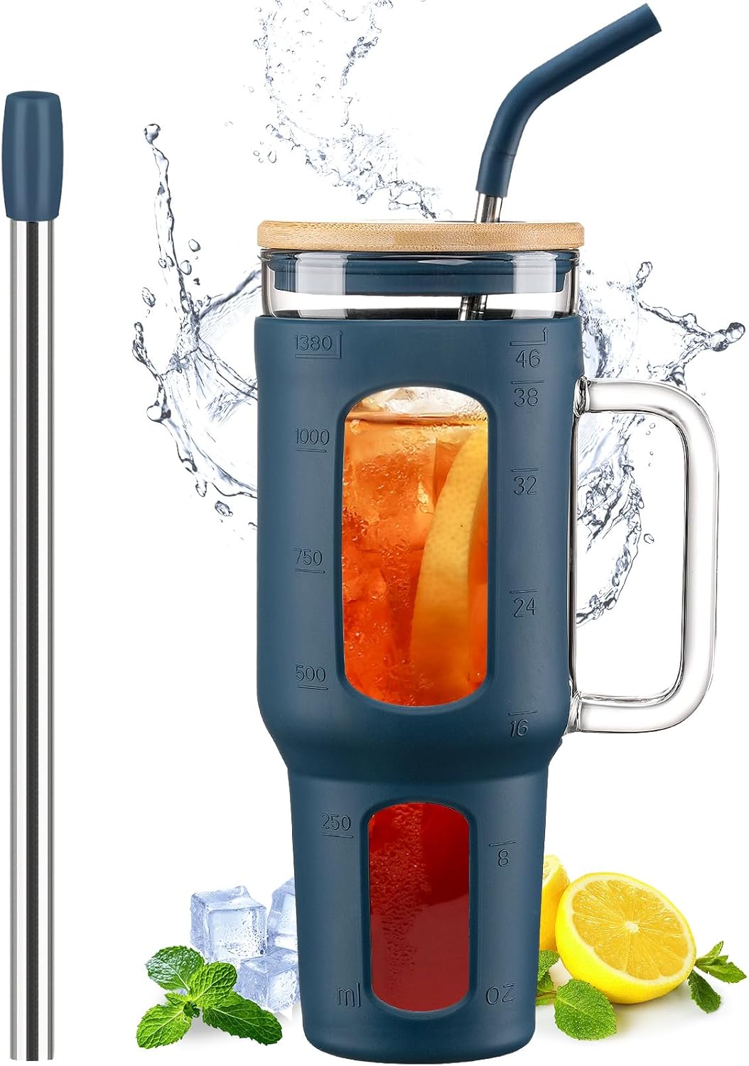 Glass Tumbler with Lid and Straw, 46 oz Iced Coffee Cup with Handle, Large Water Bottles with Silicone Sleeve, Glass Cup with Straws - Pearl Straw & Drinking Straw BPA Free-Blue