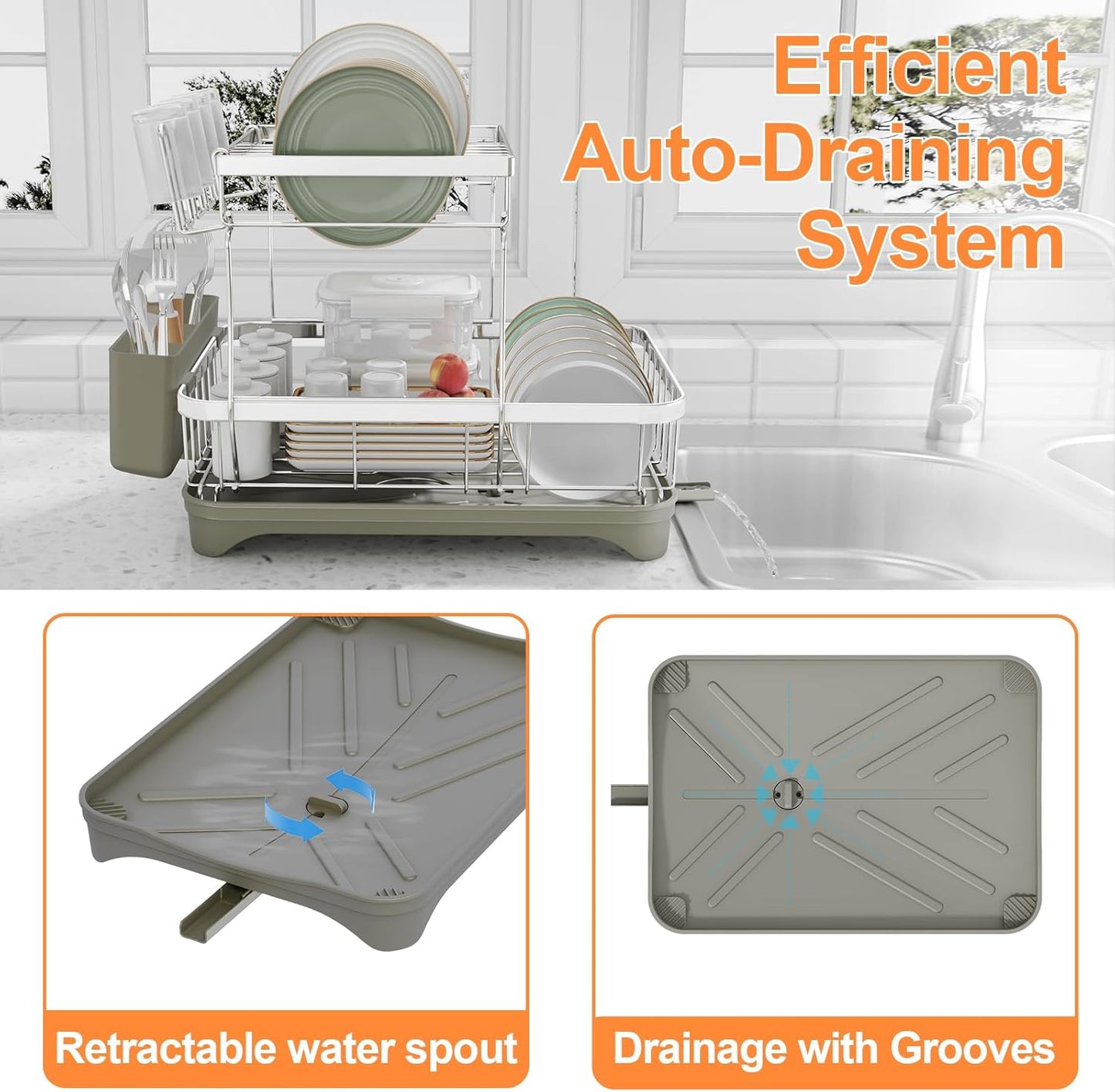 Dish Drying Rack, 2 -Tier 304 Stainless Steel Adjustable Spout Auto-Draining Dish Rack, Space Saving Dish Drainer with Drainboard and Utensil Holder for Kitchen Counter Grey