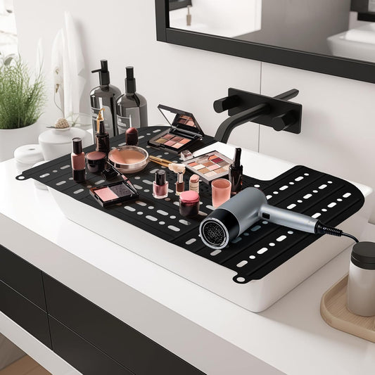 IeBilif Sink Cover for Counter Space, Foldable Bathroom Sink Covers, Makeup Organizer Mat Space Saver with Hanging Loop, Silicone Makeup Brush Cleaner Mat for Bathroom(Black)