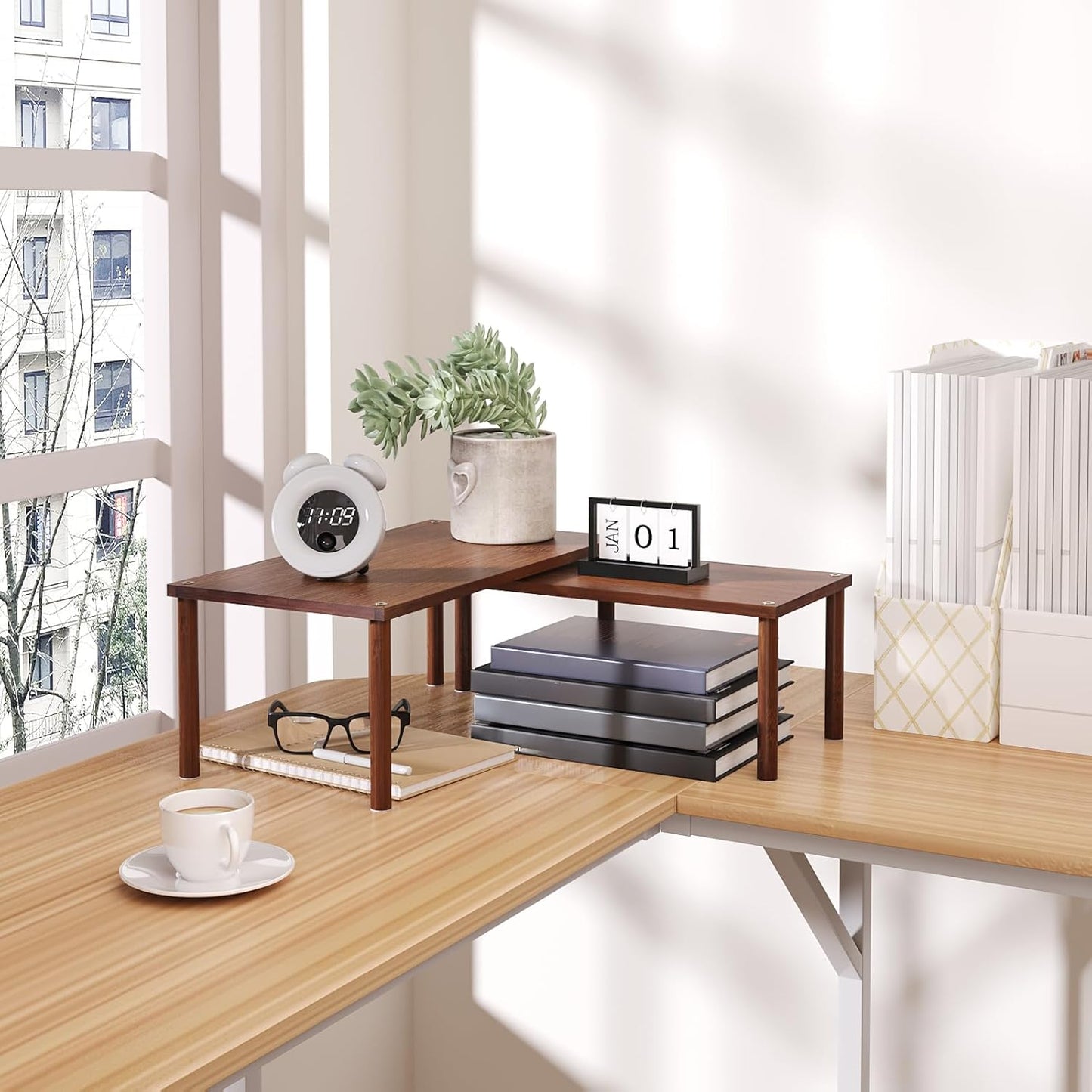 Cabinet Organizer Shelf(Set of 2),Kitchen Counter Shelves,Bamboo Spice Rack Countertop and Cabinet,Stackable Expandable,Large(Brown)