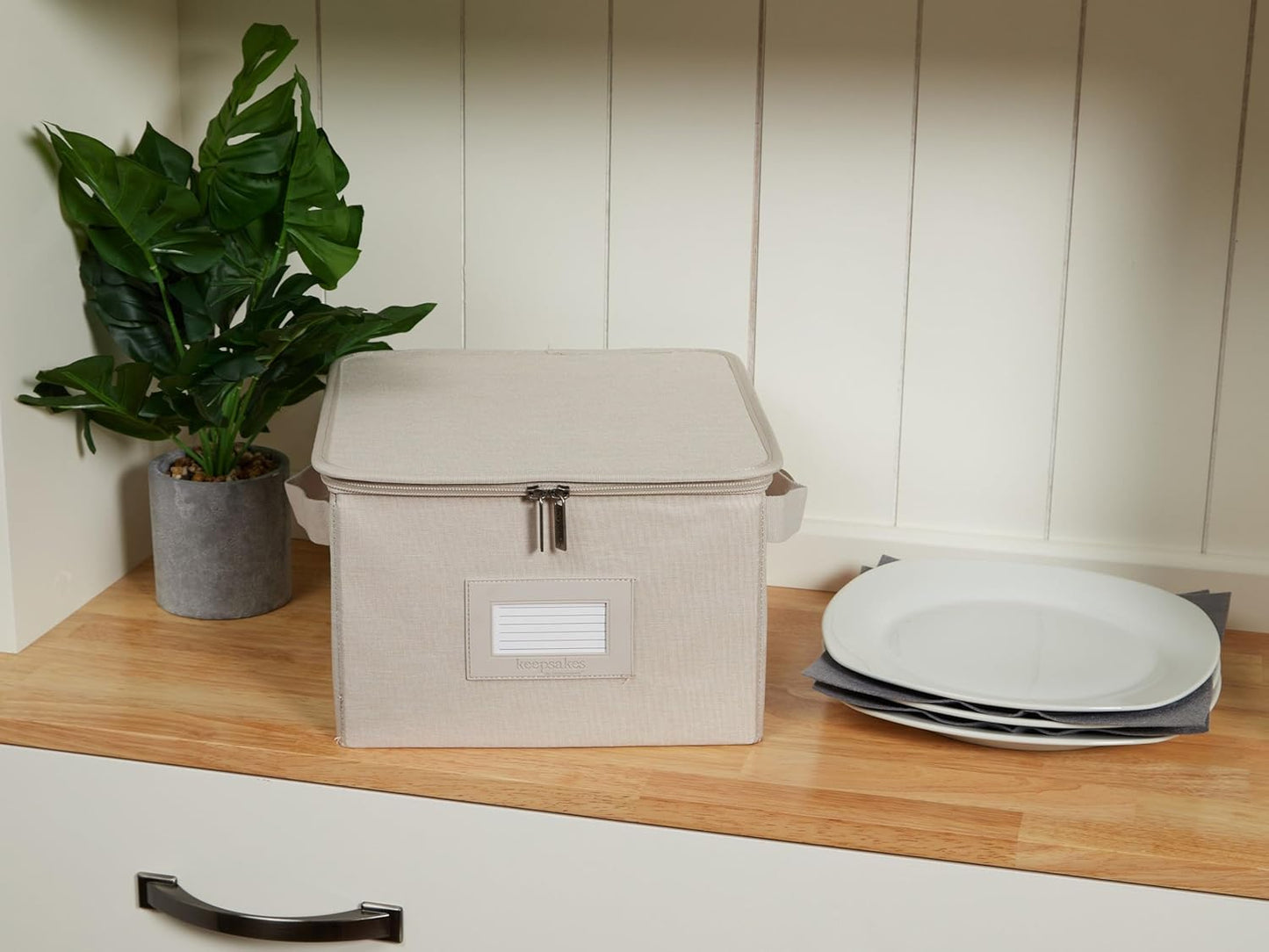 Covermates Keepsakes Dish Storage Box - Stackable, Reinforced Handles, China Storage, Beige Heather