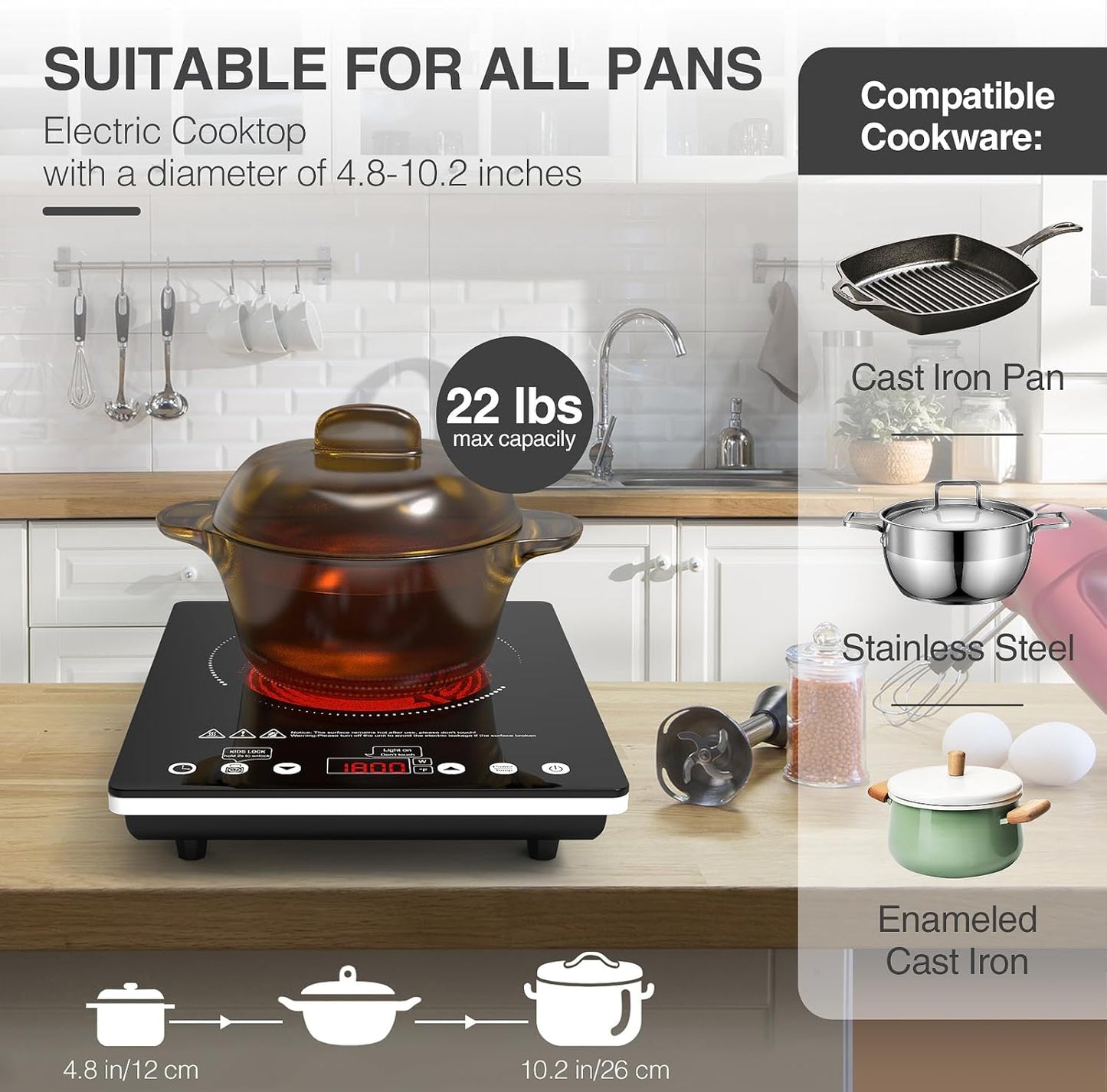 Electric Cooktop 12 Inch,Single Burner Plug in Portable 110V Electric Cooktop, Countertop Ceramic Stove Top with Power Levels and Overheat Protection