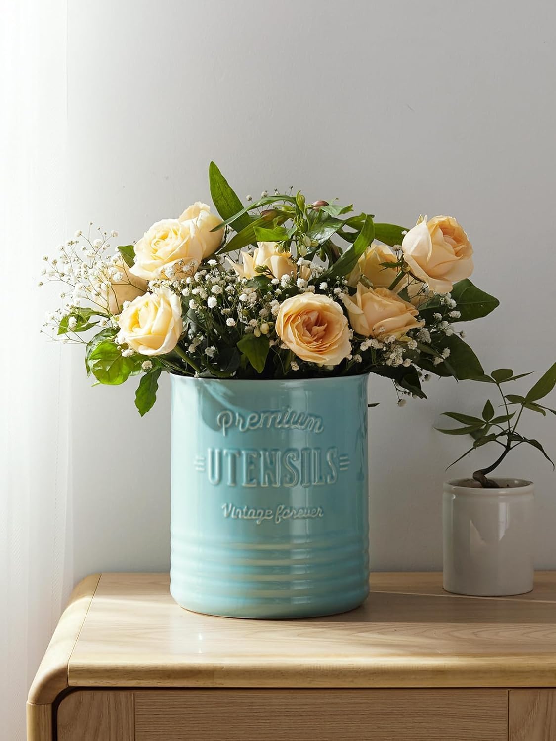 DOWAN 7.2″ Extra Large Kitchen Utensil Holder - Farmhouse Utensil Holder for Countertop - Ceramic Utensil Crock with Protection Cork Mat - Kitchen Decor & Housewarming Gift (Turquoise)