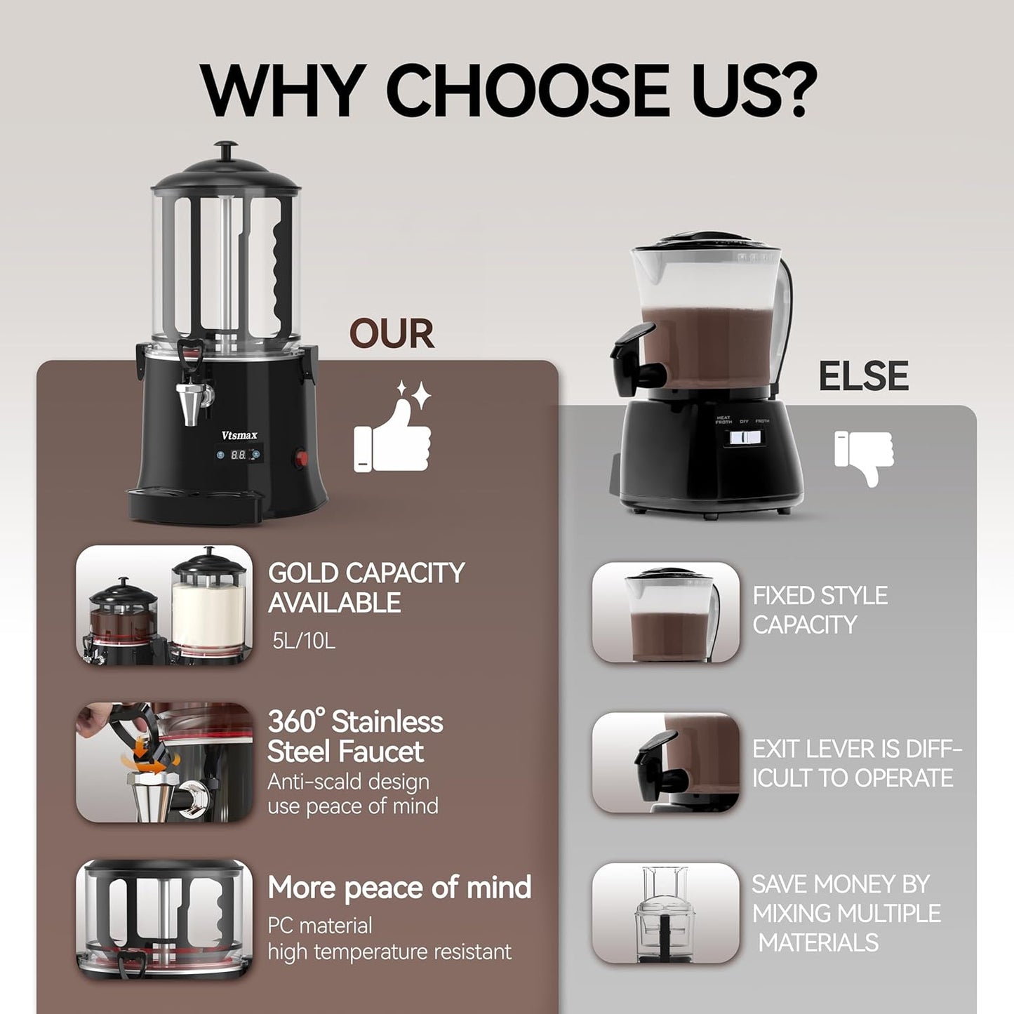 10L Commercial Hot Chocolate Machine 86-194℉ Intelligent temperature control hot chocolate maker, hot beverage dispenser for Chocolate Drink, Cocoa, Milk, Coffee, Juice (10L)